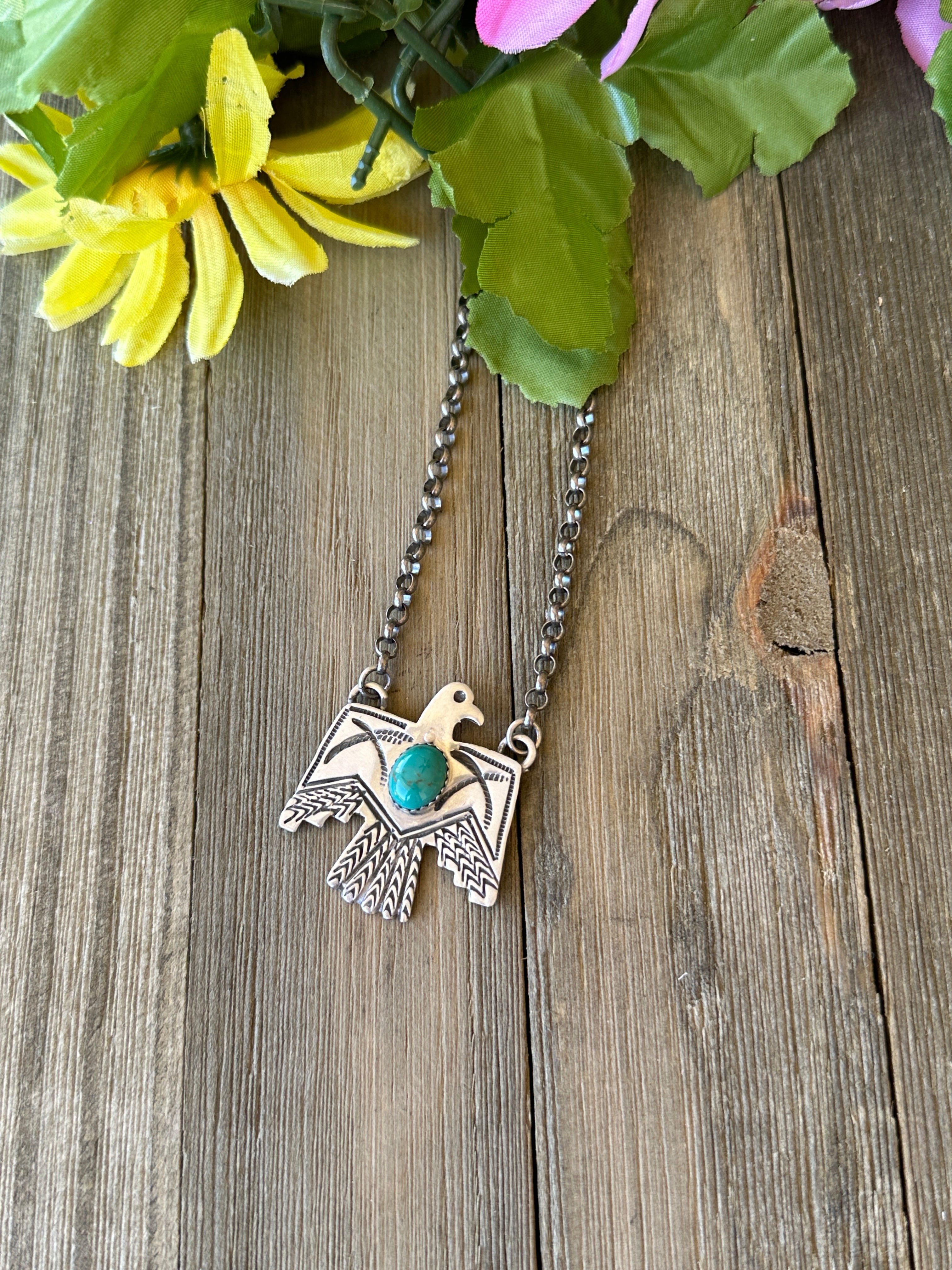 Navajo Made Kingman Turquoise & Sterling Silver Thunderbird Necklace