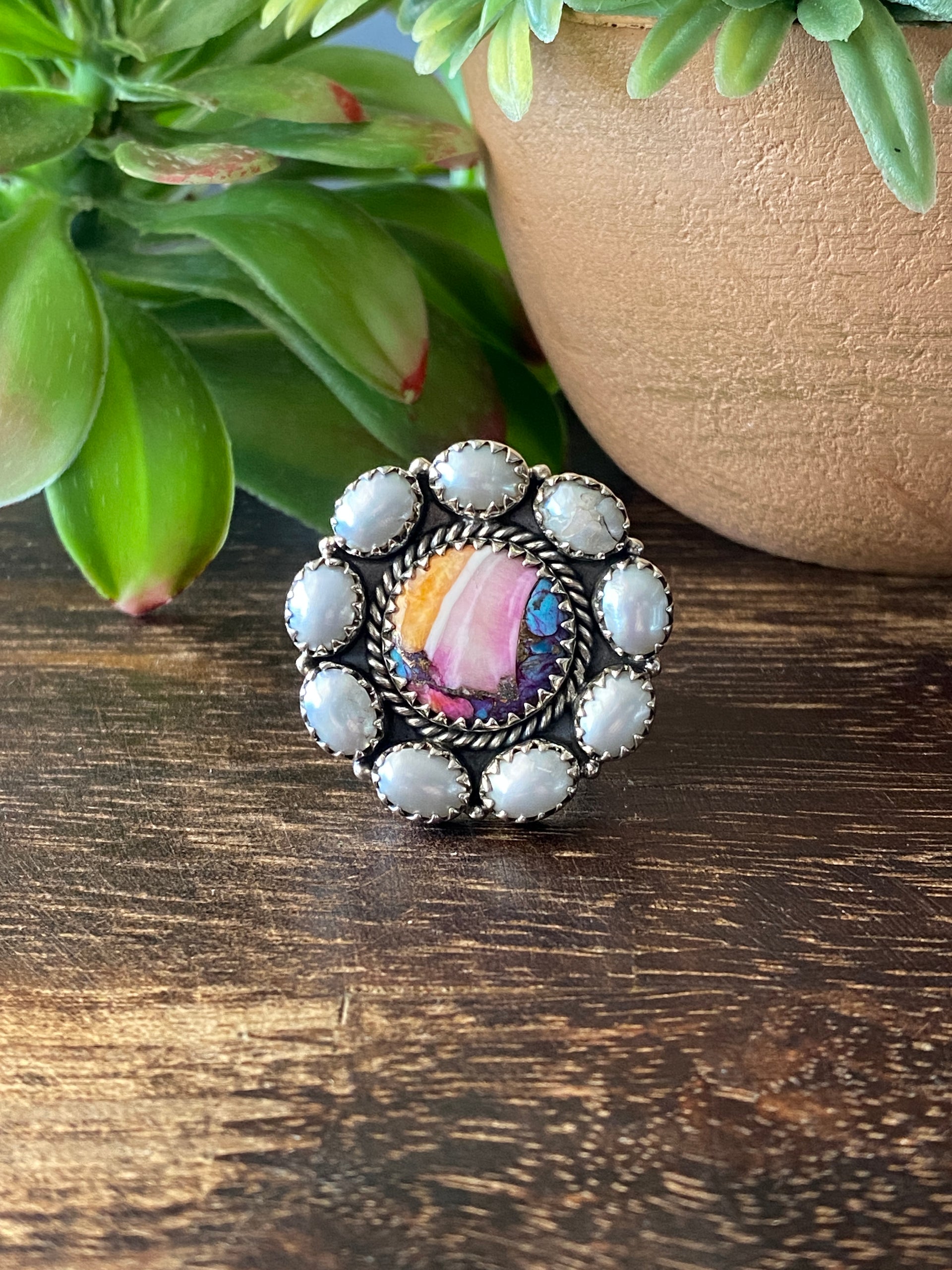 Southwest Handmade Multi Stone & Sterling Silver Adjustable Cluster Ring