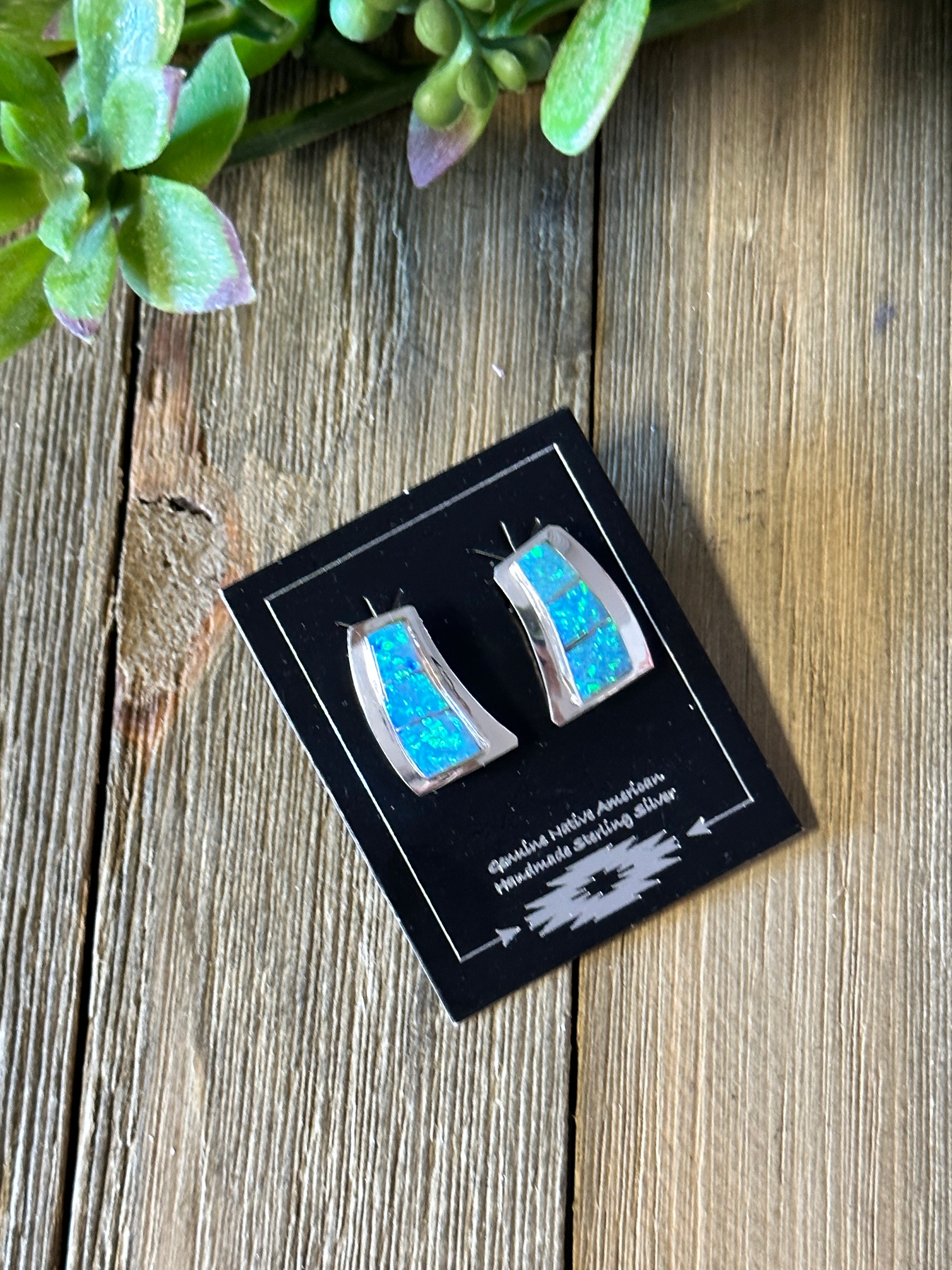 Navajo Made Blue Opal (Man Made) & Sterling Silver Post Earrings