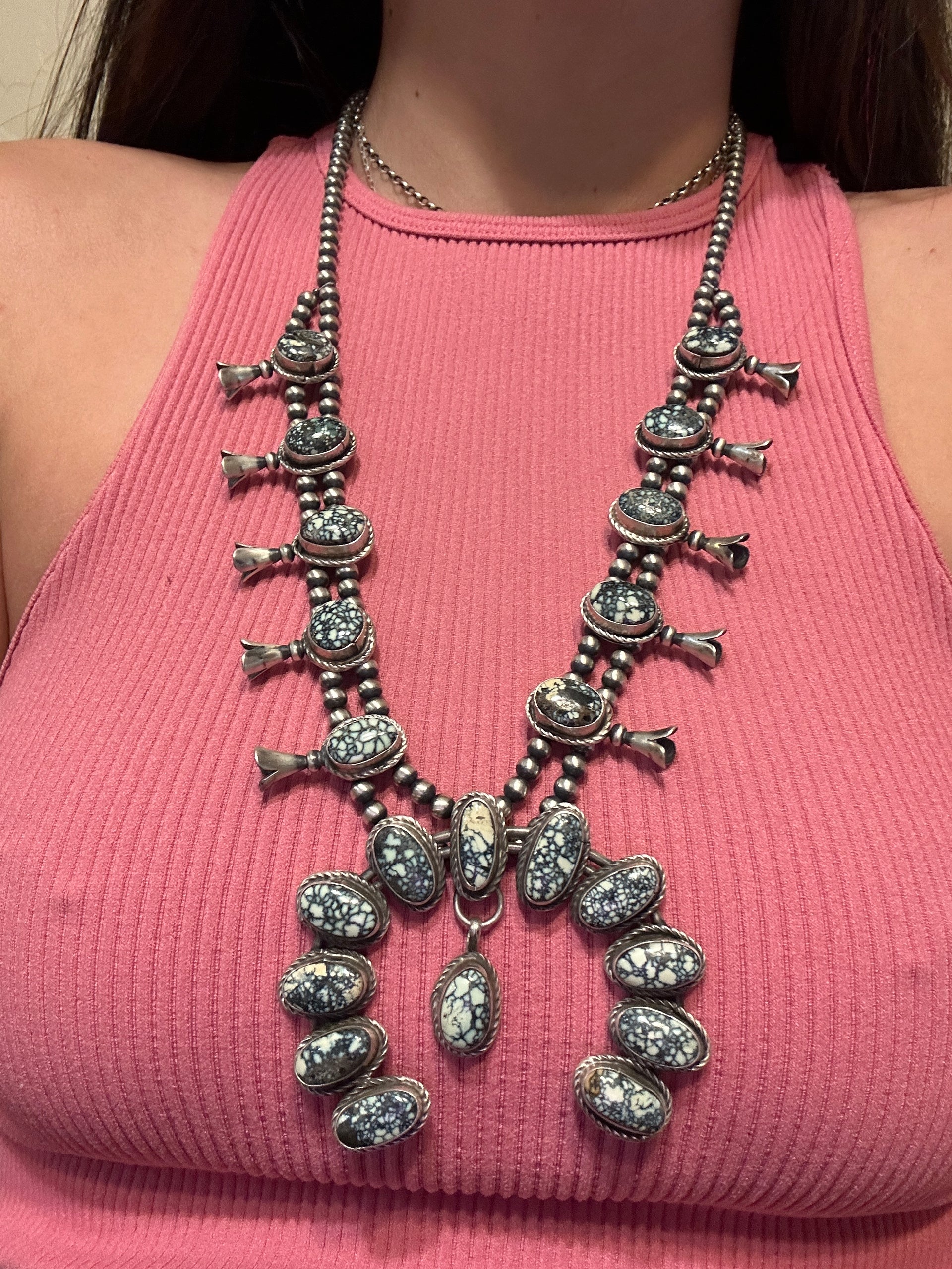 Navajo Made New Lander Variscite & Sterling Silver Squash Blossom Necklace Set.
