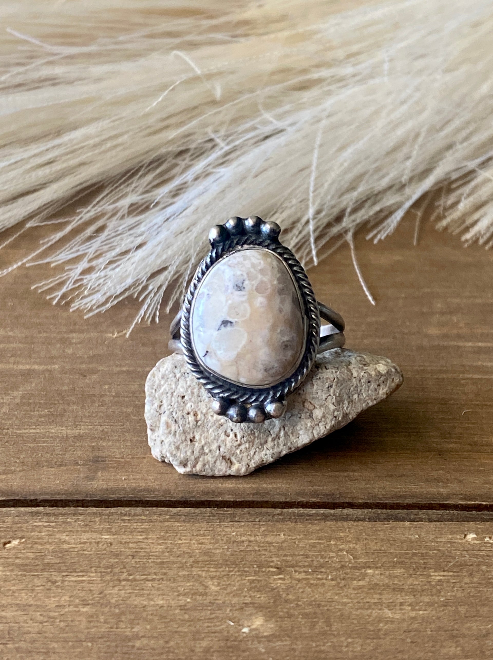 Navajo Made White Buffalo  & Sterling Silver Ring Size 8