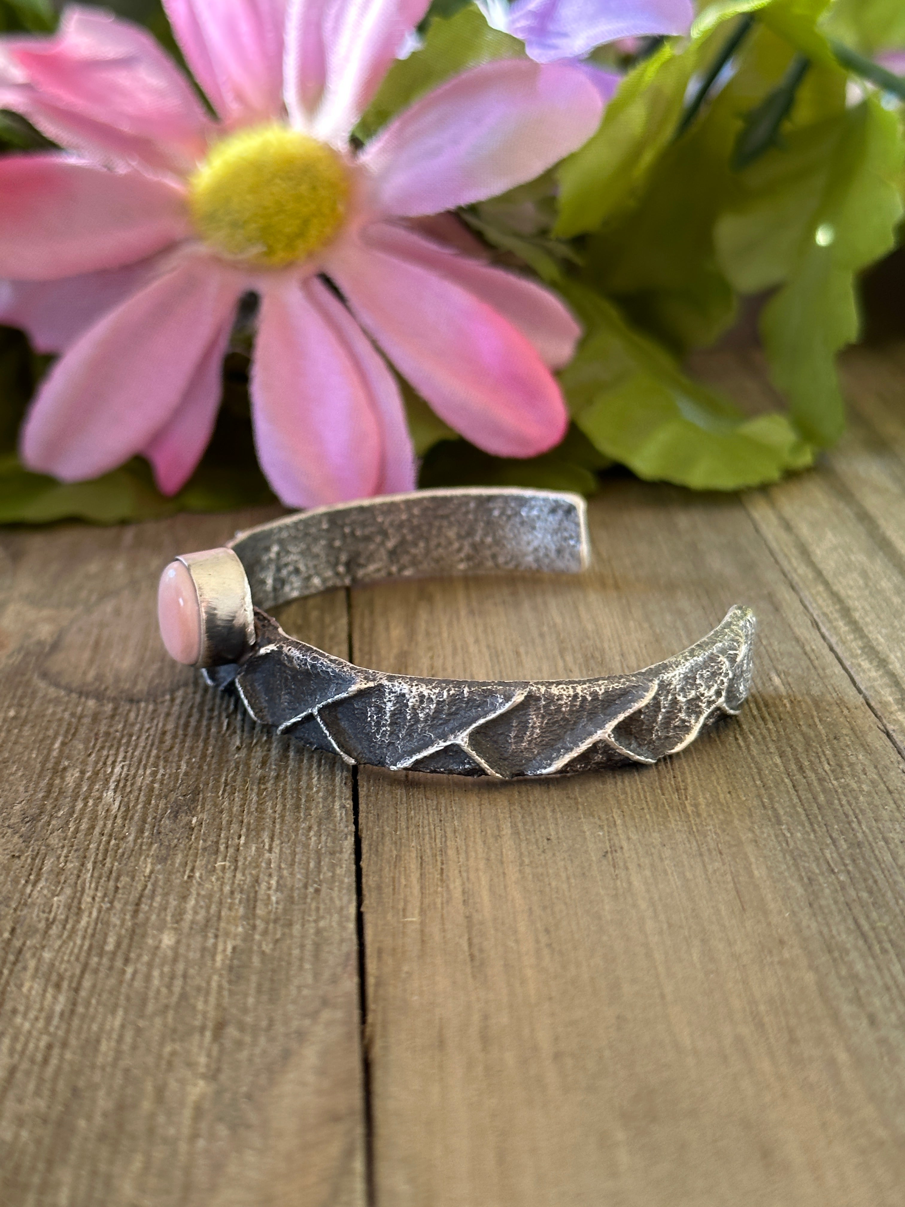 Navajo Made Pink Conch & Sterling Silver Tufa Cast Cuff Bracelet