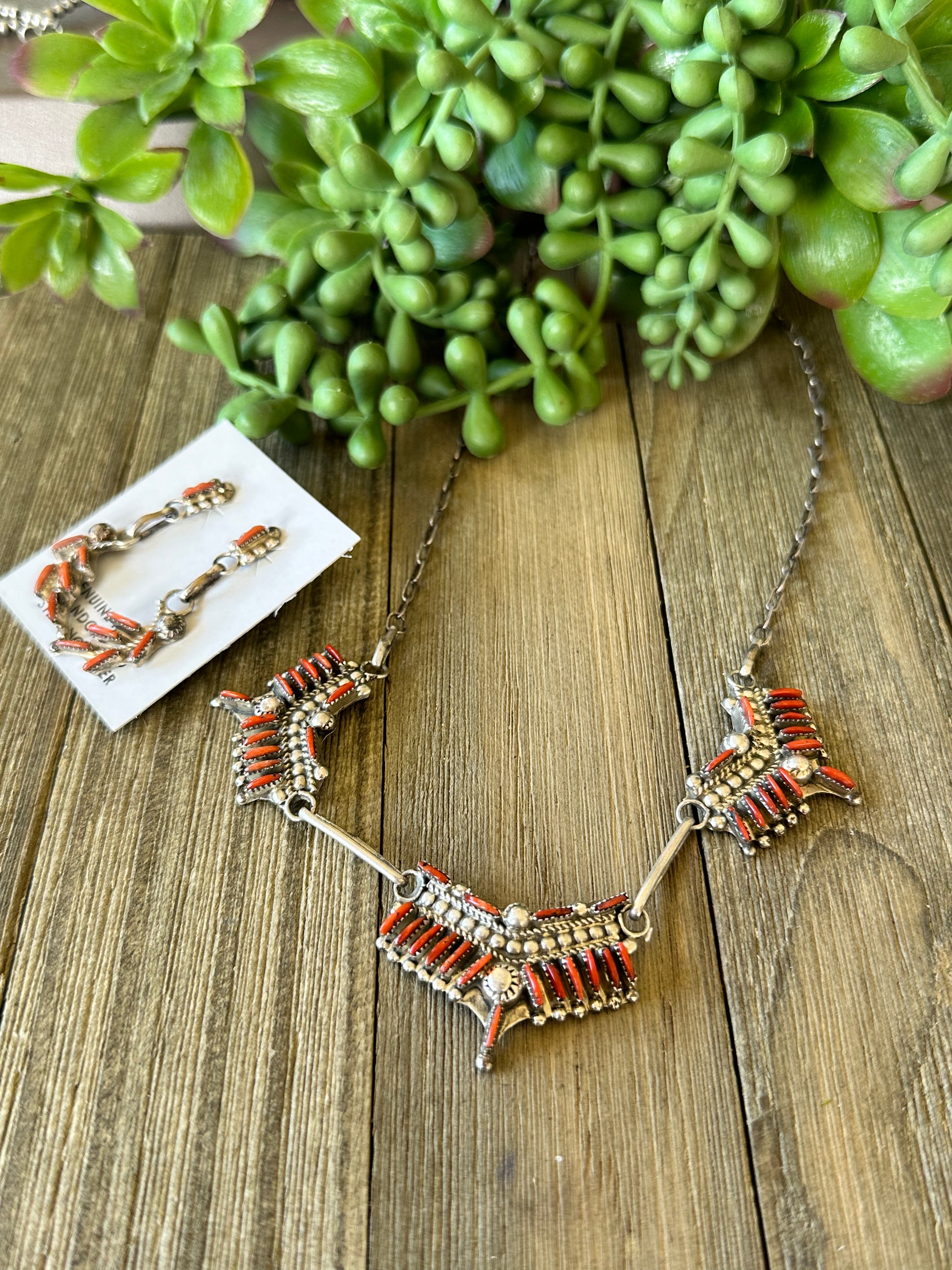 Zuni Made Red Coral and Sterling Silver Necklace Set