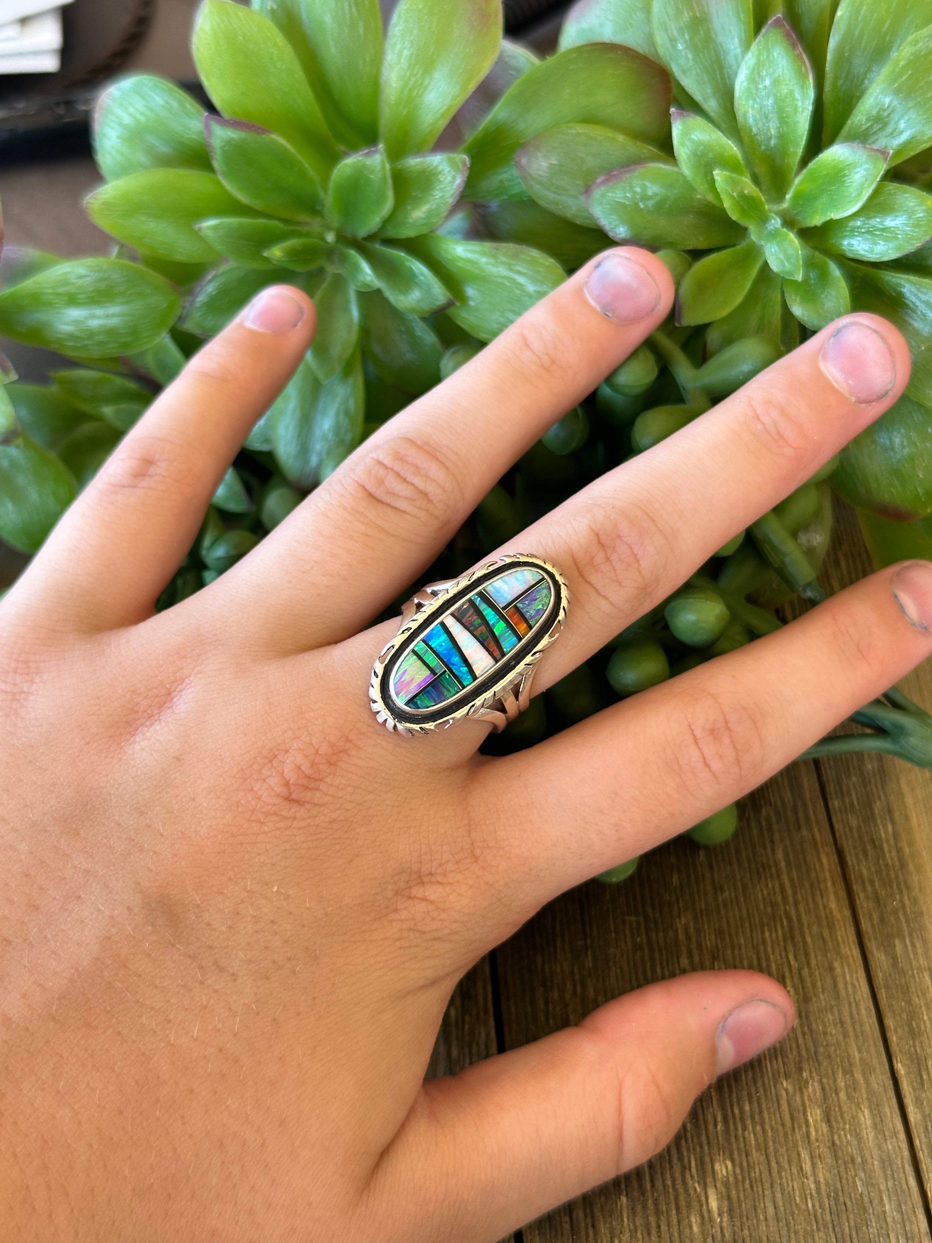 Navajo Made Multi Stone Ring & Sterling Silver Inlay Ring Size 7