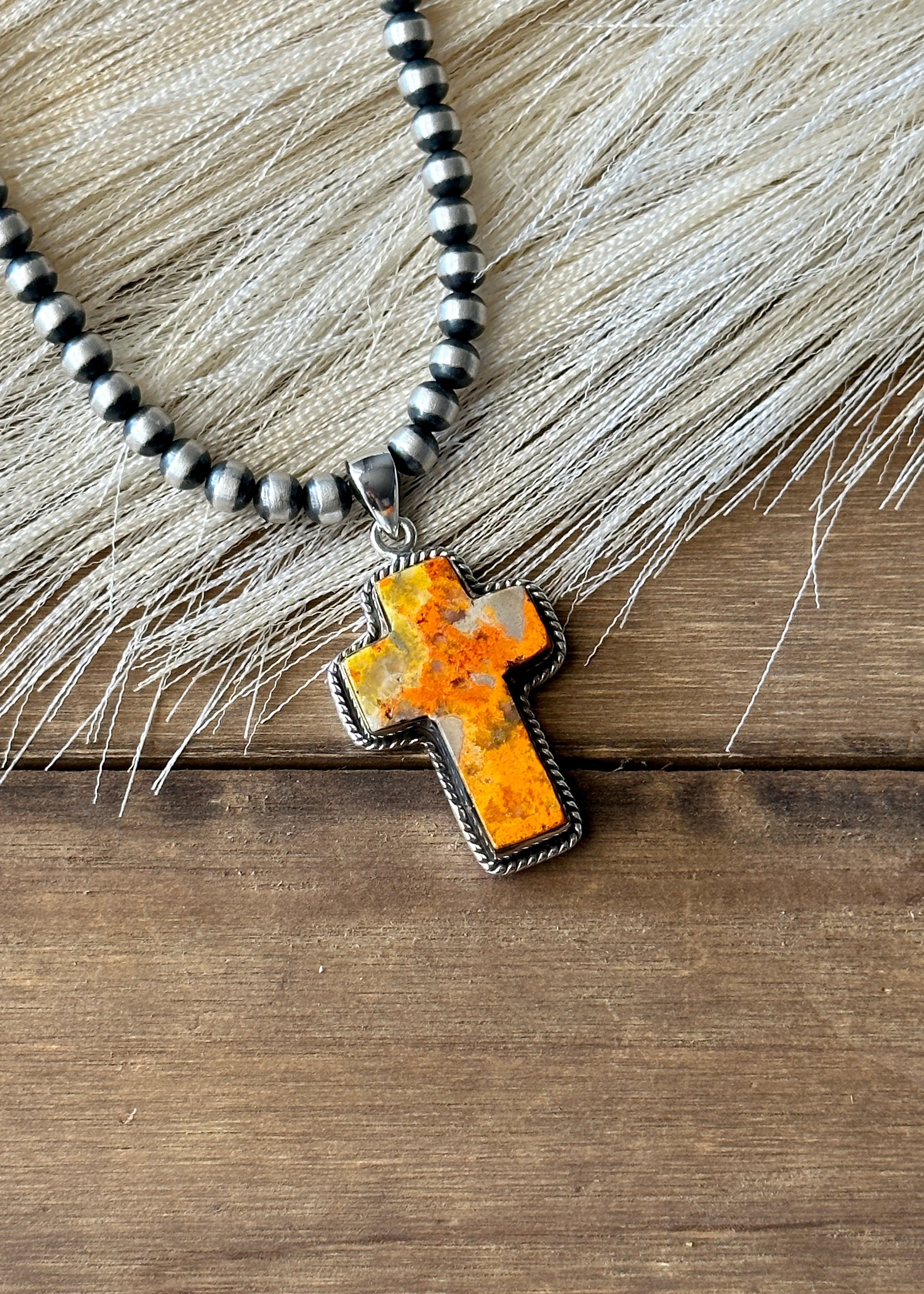 Southwest Handmade Bumblebee Jasper & Sterling Silver Cross Pendant