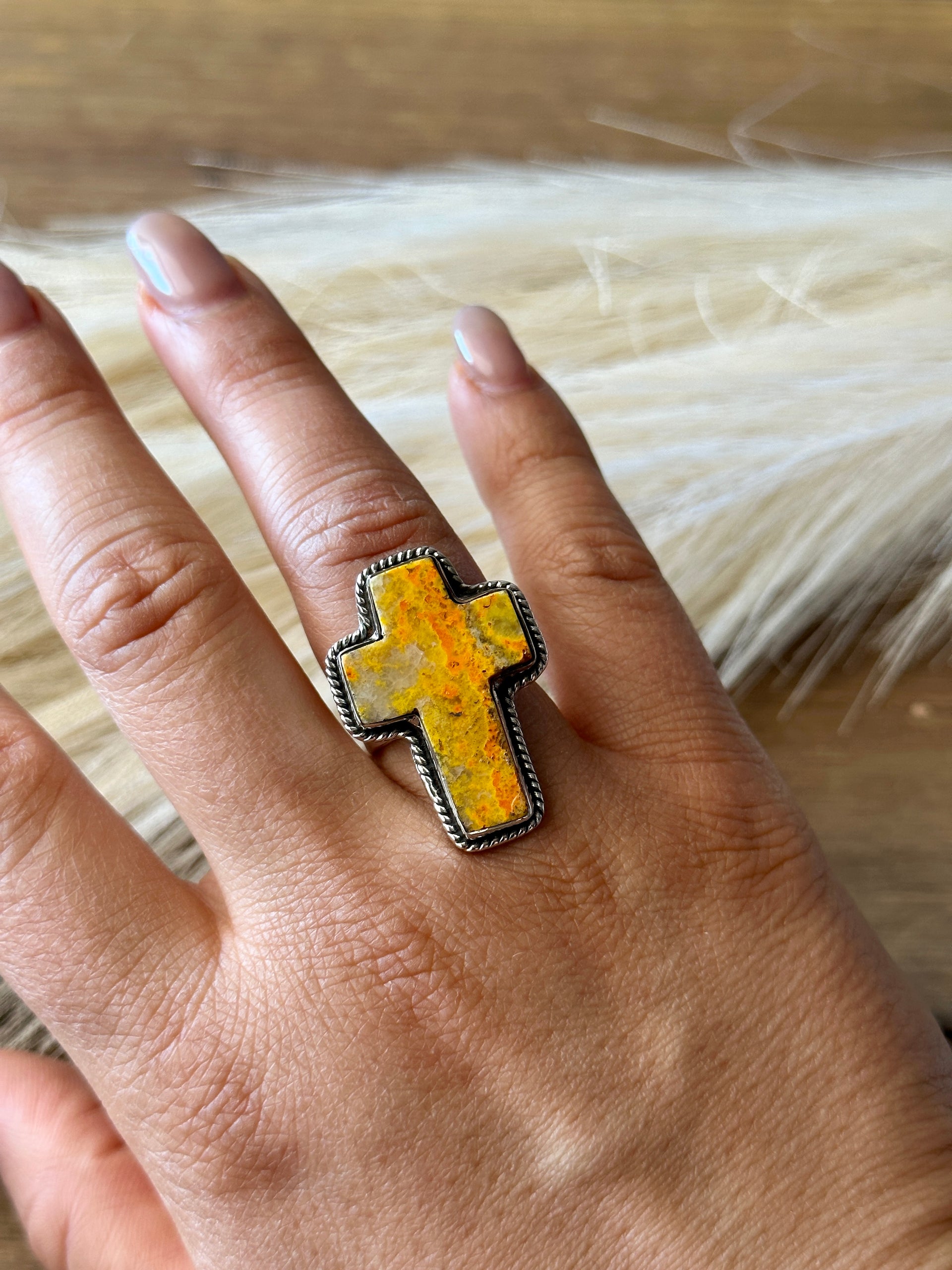 Southwest Handmade Bb Agate & Sterling Silver Adjustable Cross Ring