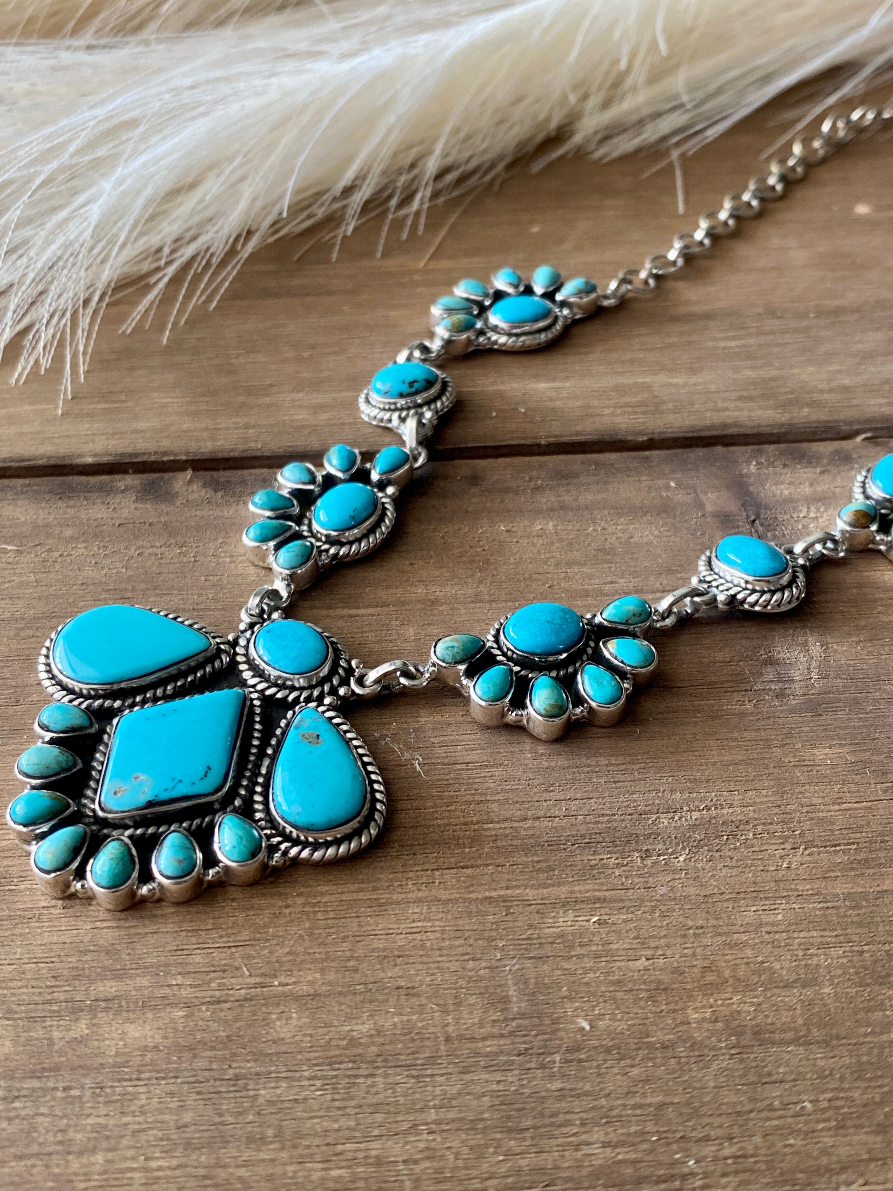 Southwest Handmade Kingman Turquoise & Sterling Silver Cluster Necklace