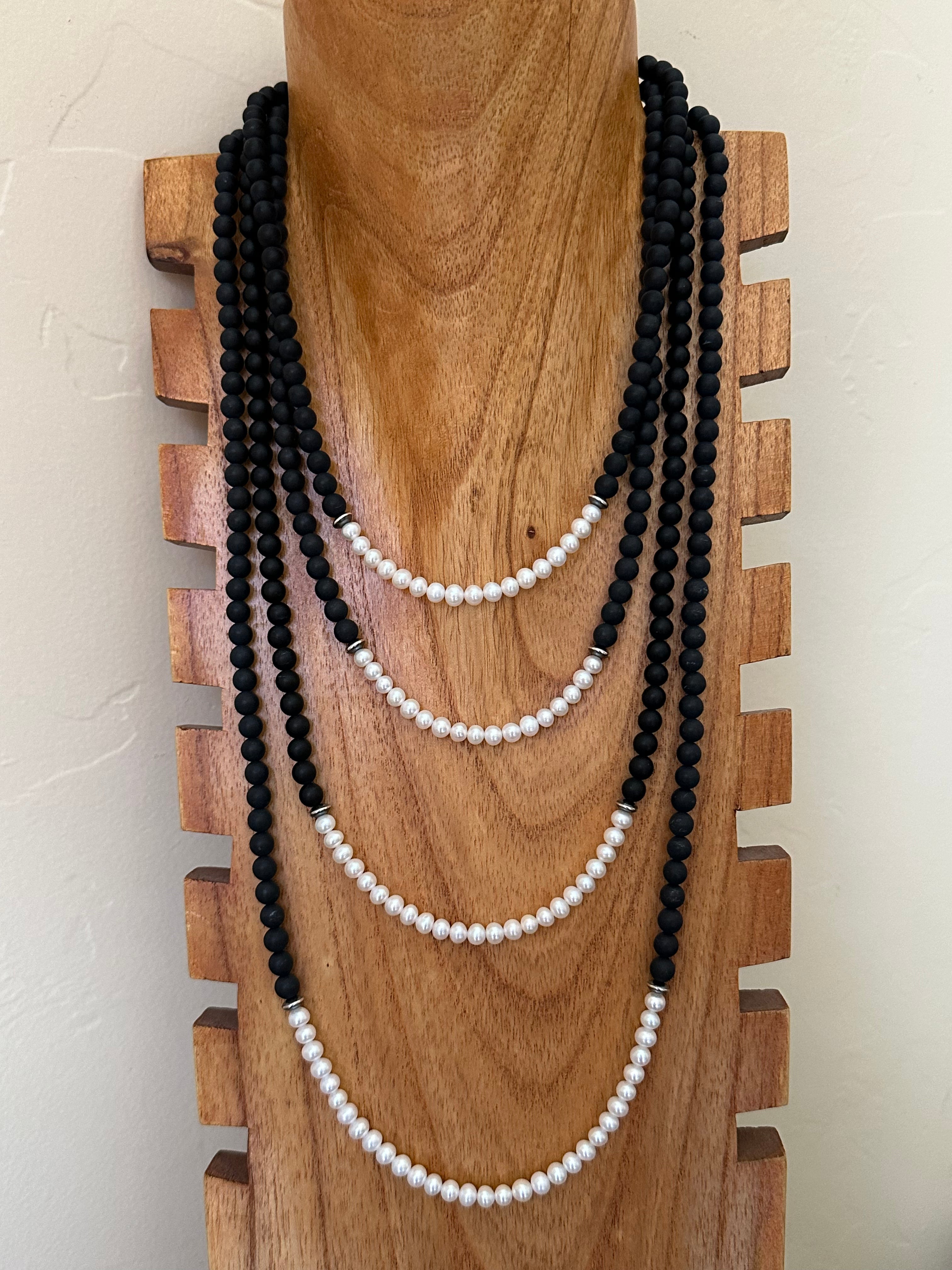 Navajo Strung Onyx & Fresh Wayer Pearls & Sterling Silver Beaded Necklace