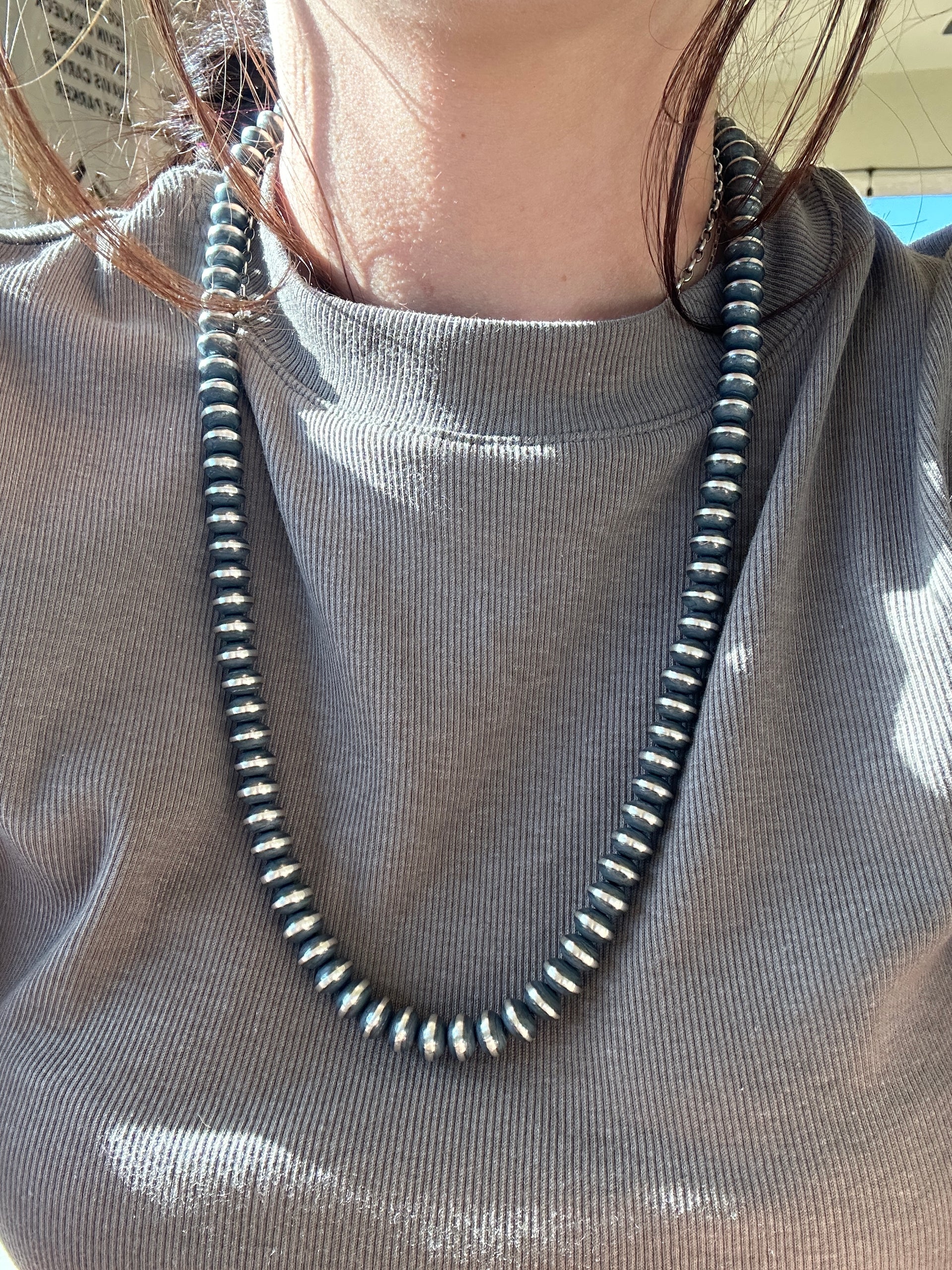 Navajo Strung Sterling Silver 9 MM Saucer Pearl Necklace