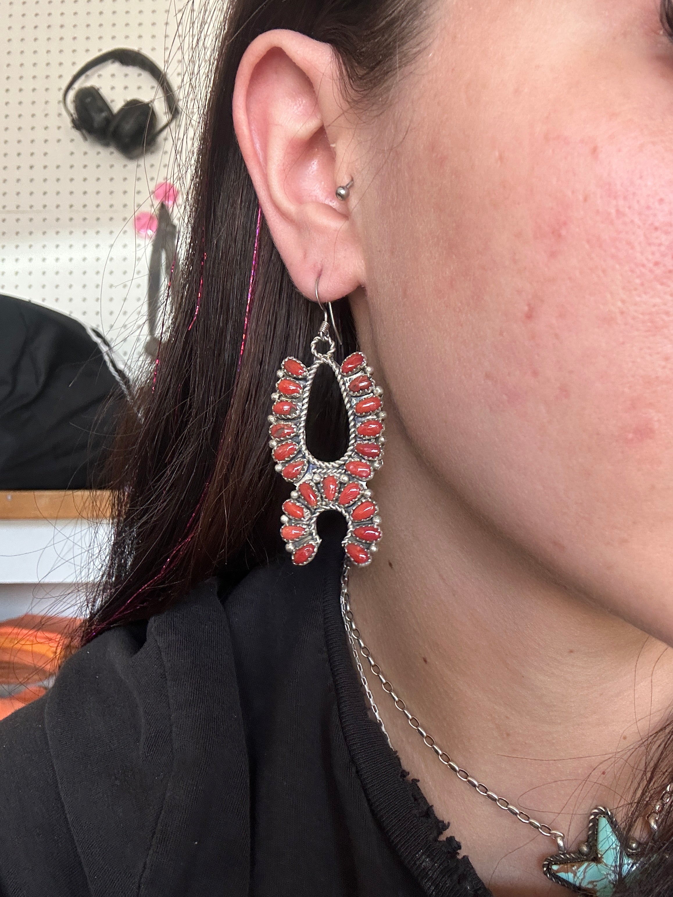 Navajo Made Mediterranean Coral & Sterling Silver Squash Dangle Earrings