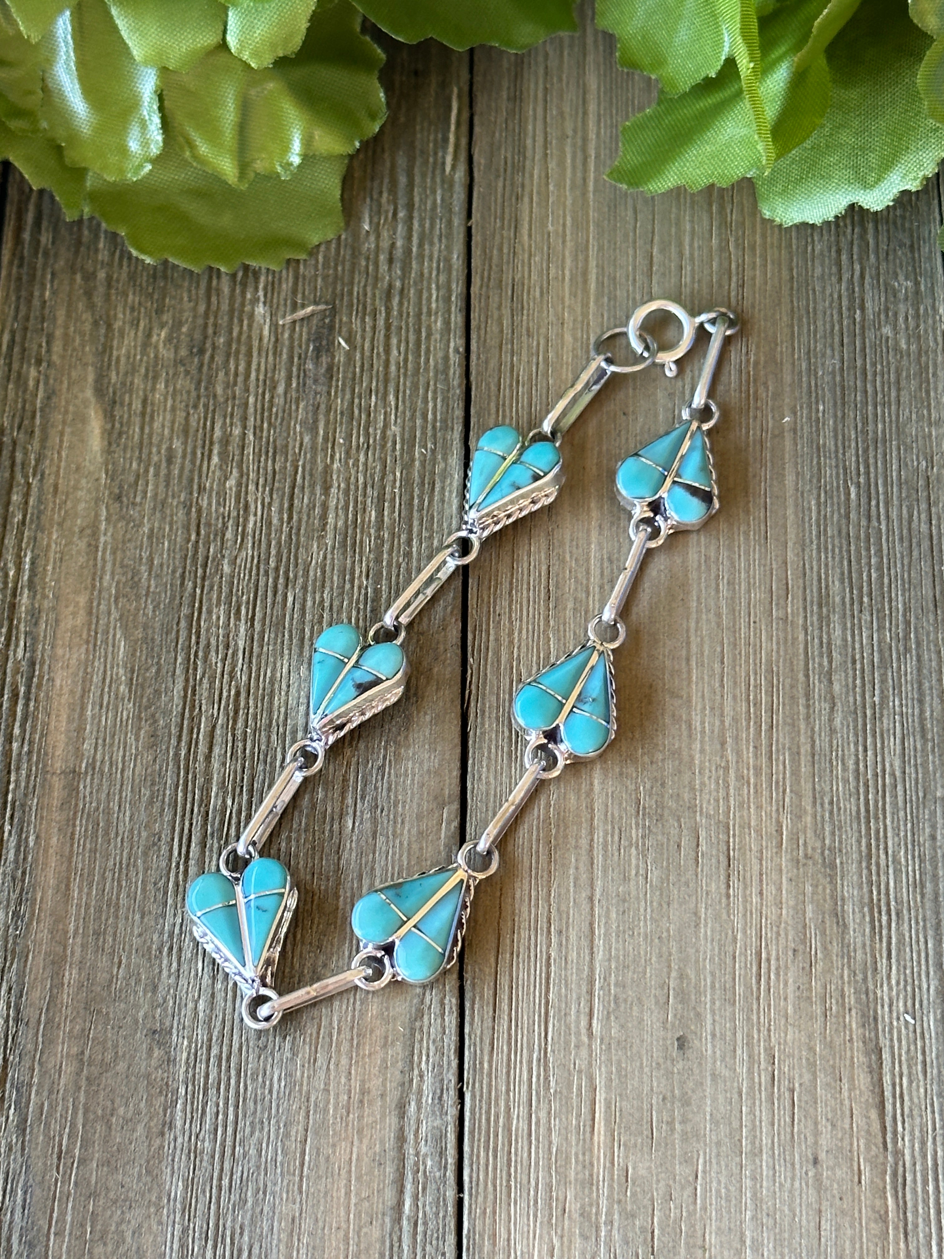 Zuni Made Kingman Turquoise & Sterling Silver Heart Bracelet