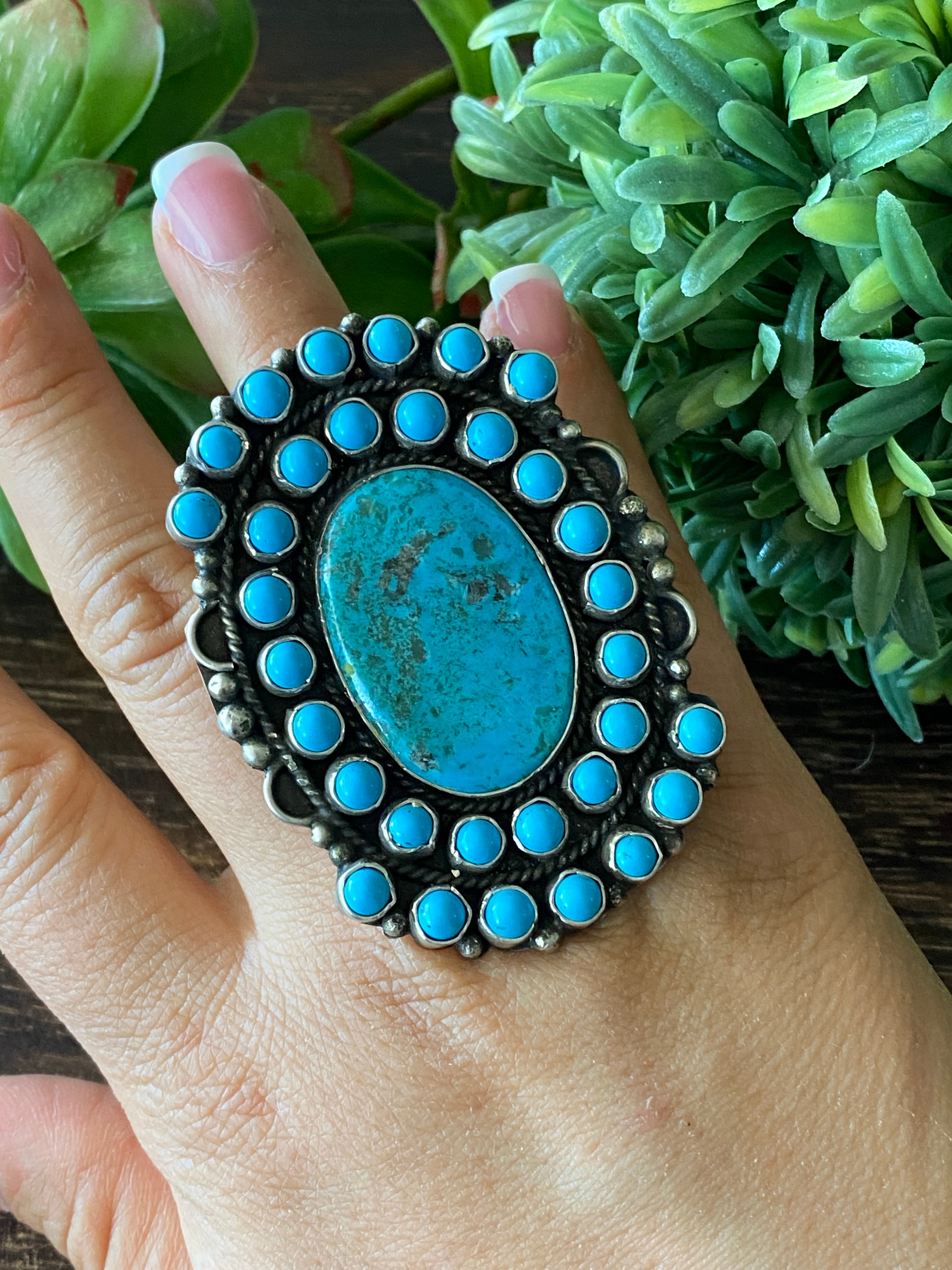 Navajo Made Kingman Turquoise & Sterling Silver Ring Size 7.75