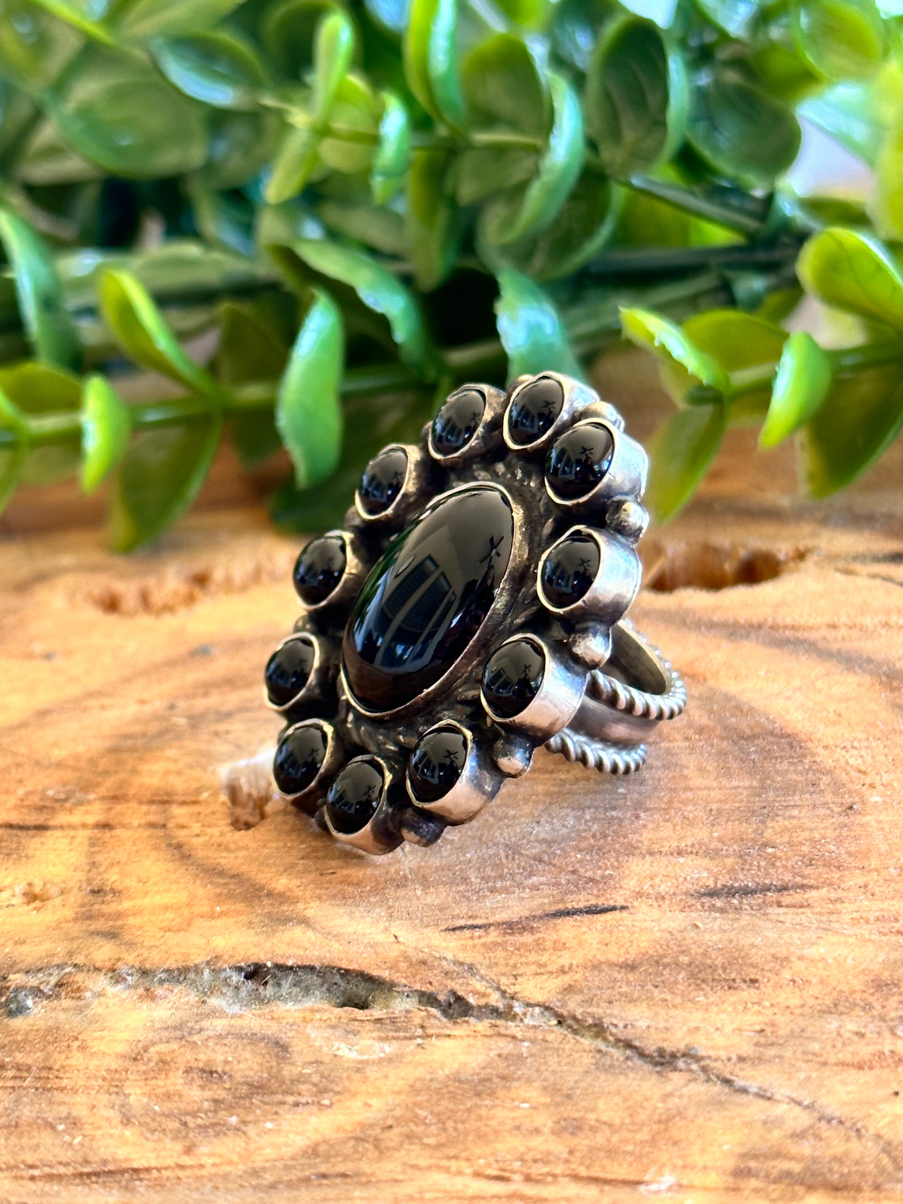 Navajo Made Onyx & Sterling Silver Adjustable Cluster Ring