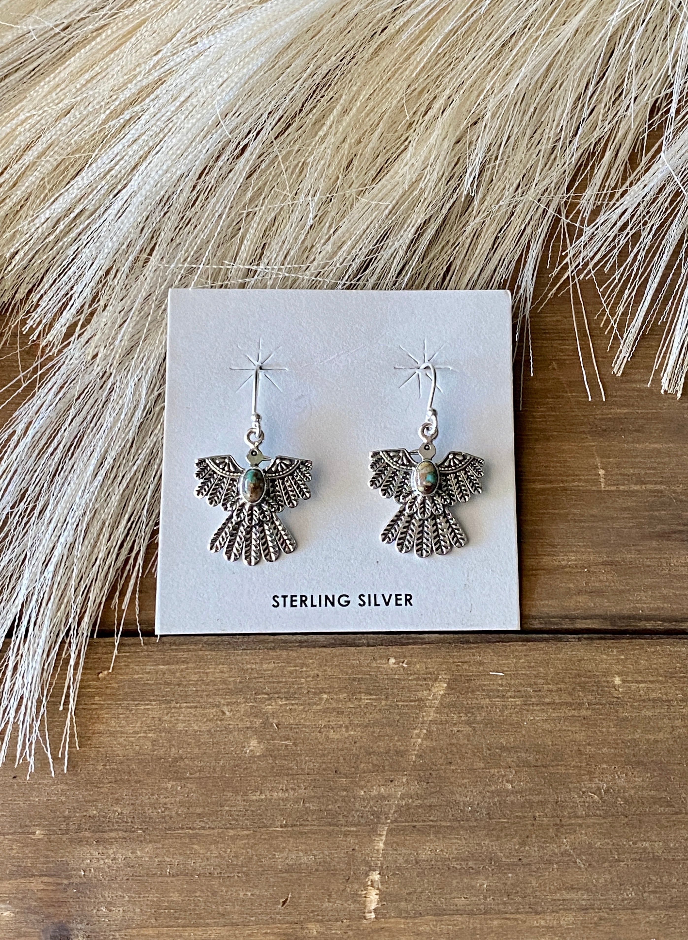 Southwest Handmade Royston Turquoise & Sterling Silver Thunderbird Dangles Earrings