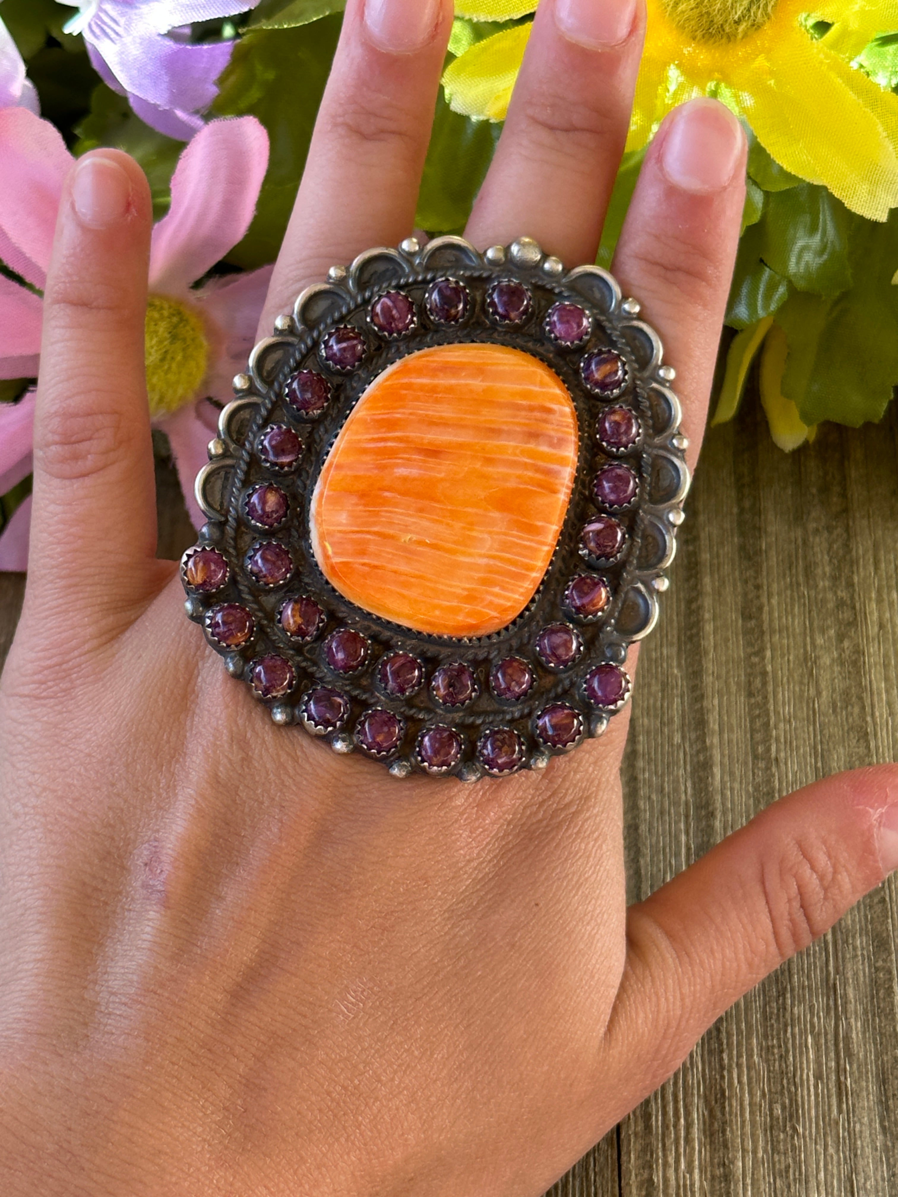 Navajo Made Multi Stone & Sterling Silver Flower Ring Size 8.25