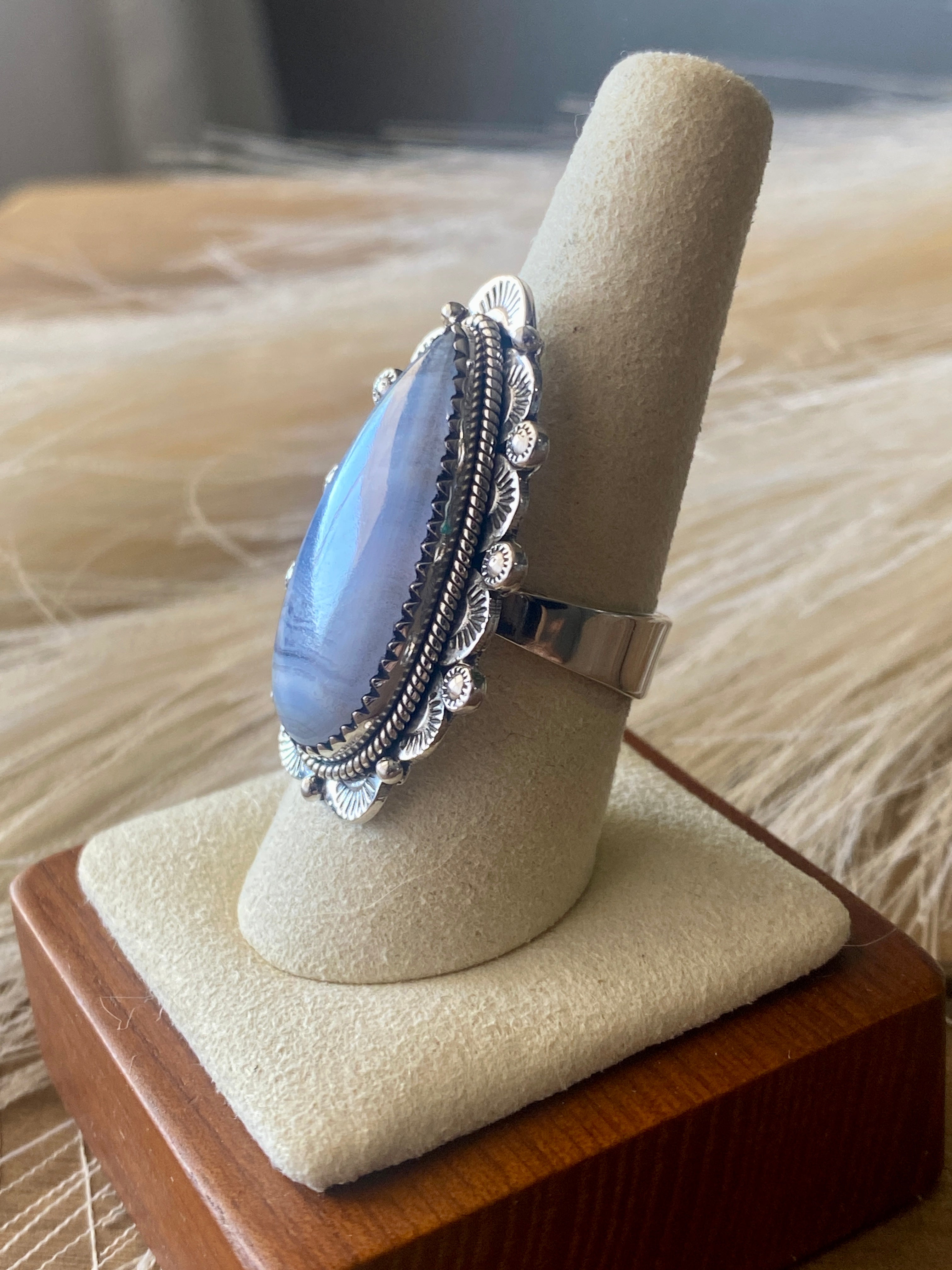 Southwest Handmade Blue Lace Agate & Sterling Silver Adjustable Ring