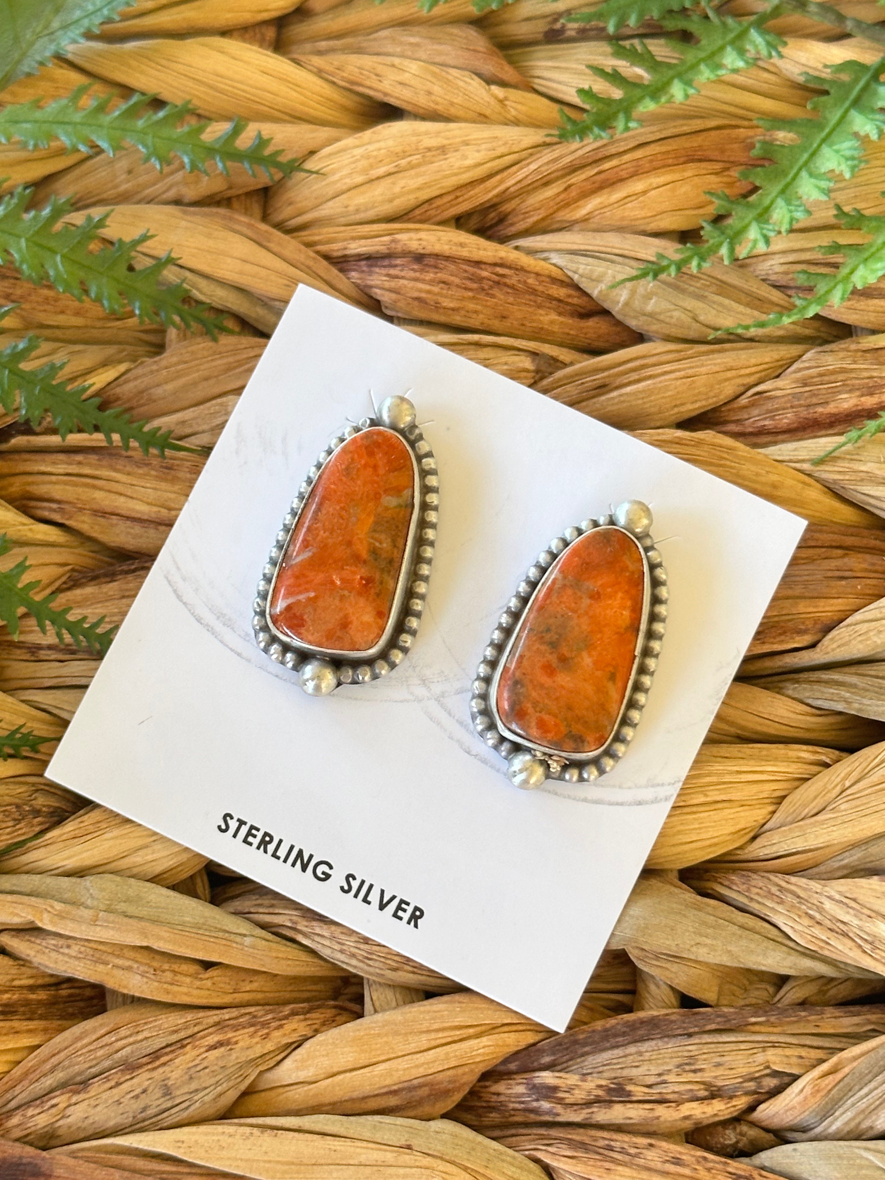 Navajo Made Apple Coral & Sterling Silver Post Earrings