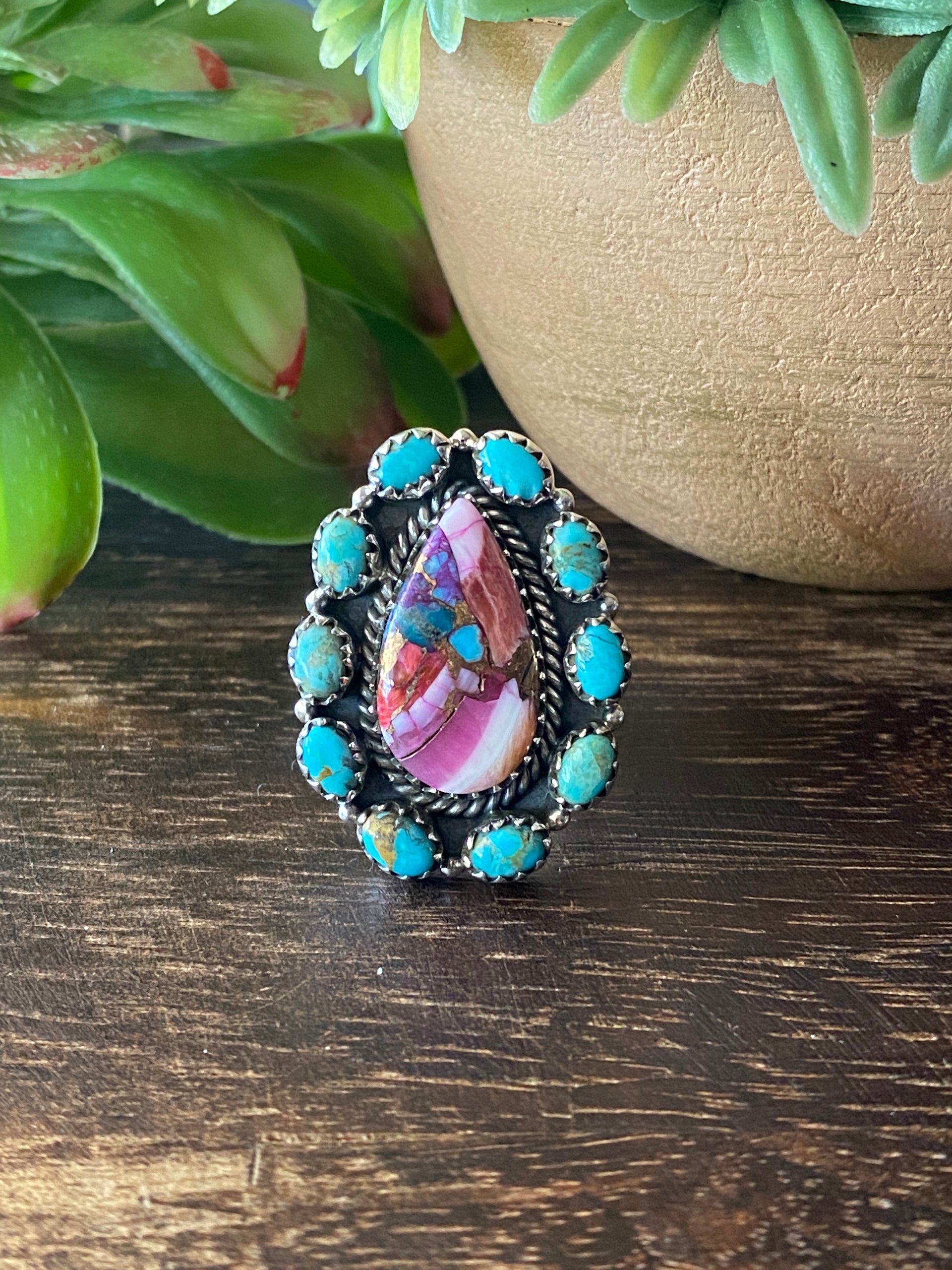 Southwest Handmade Multi Stone & Sterling Silver Adjustable Cluster Ring