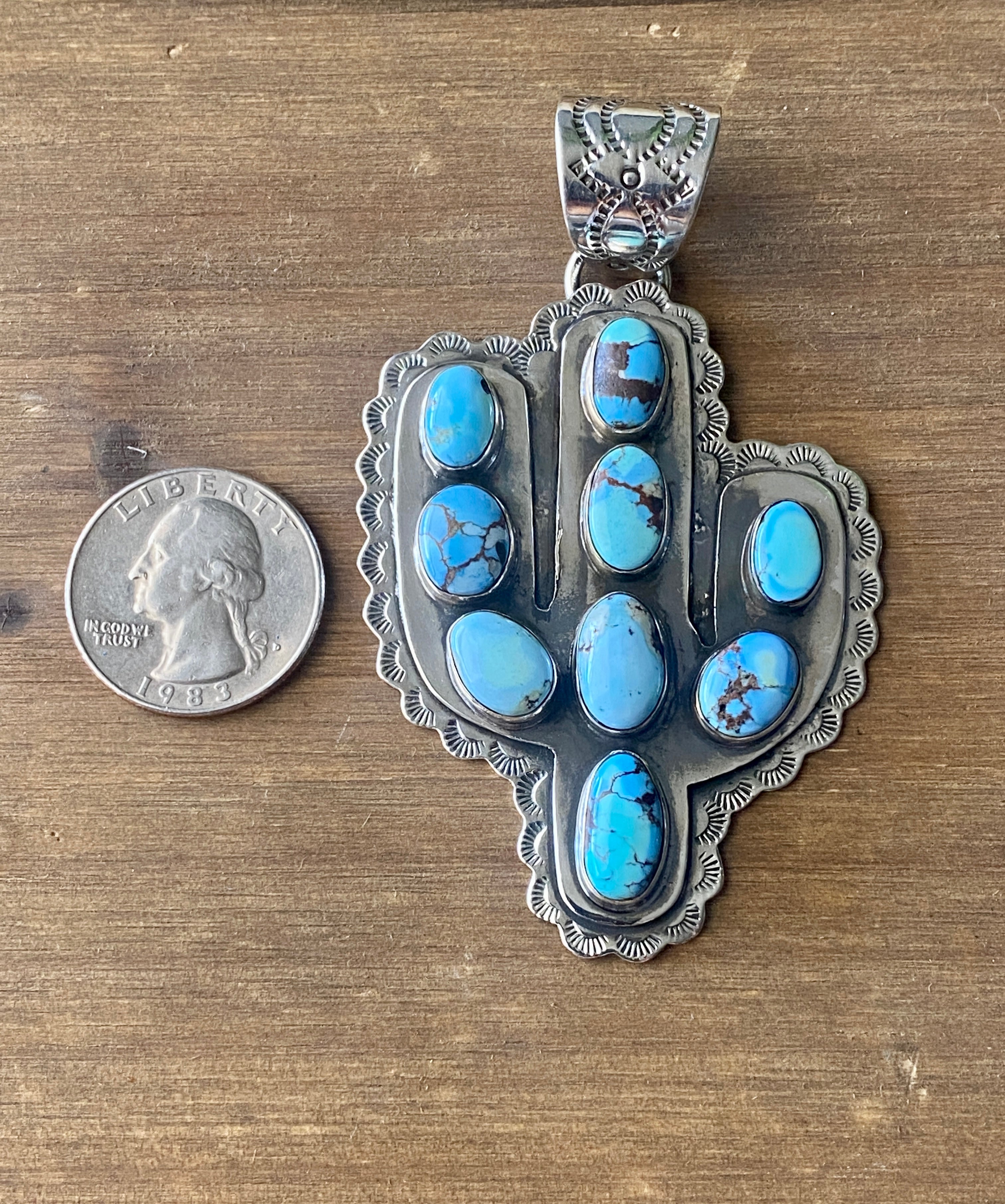 #1 Southwest Handmade Golden Hill’s Turquoise & Sterling Silver Sahuaro Pendant