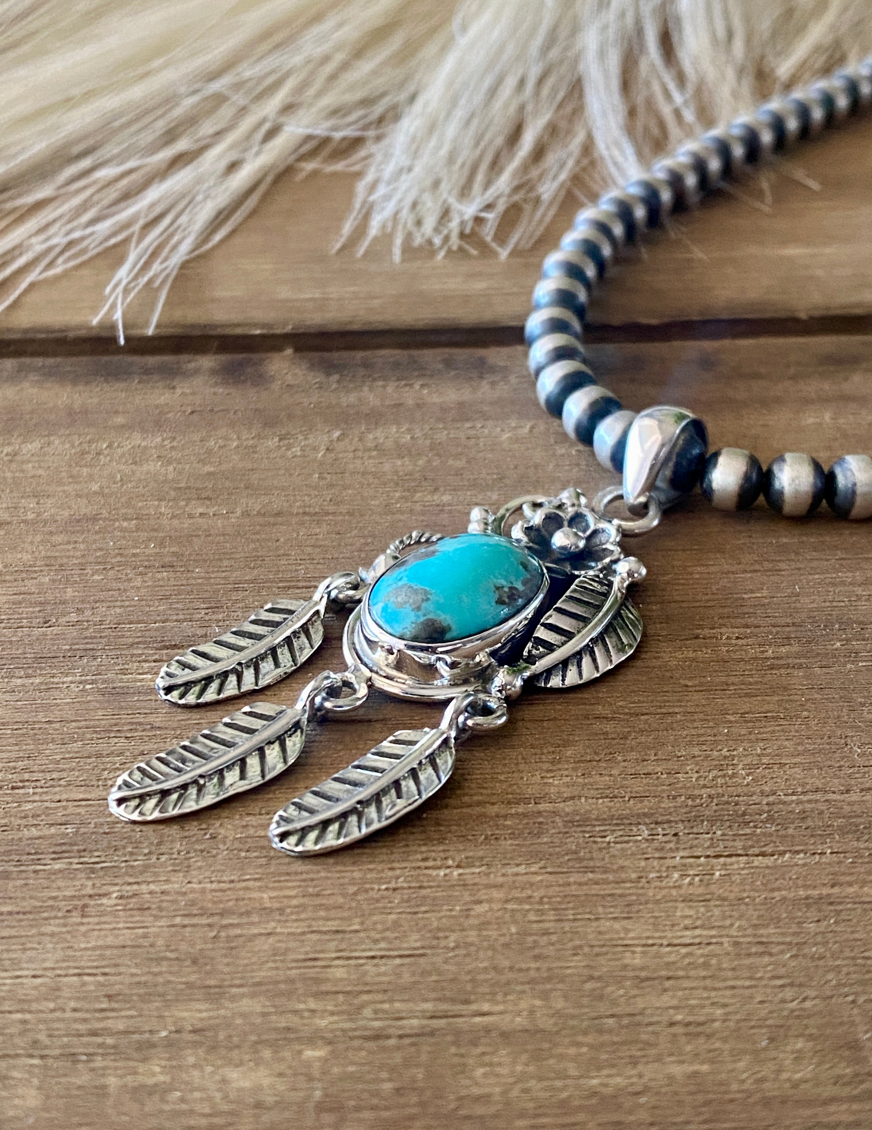 Southwest Handmade Kingman Turquoise & Sterling Silver Feather Pendant