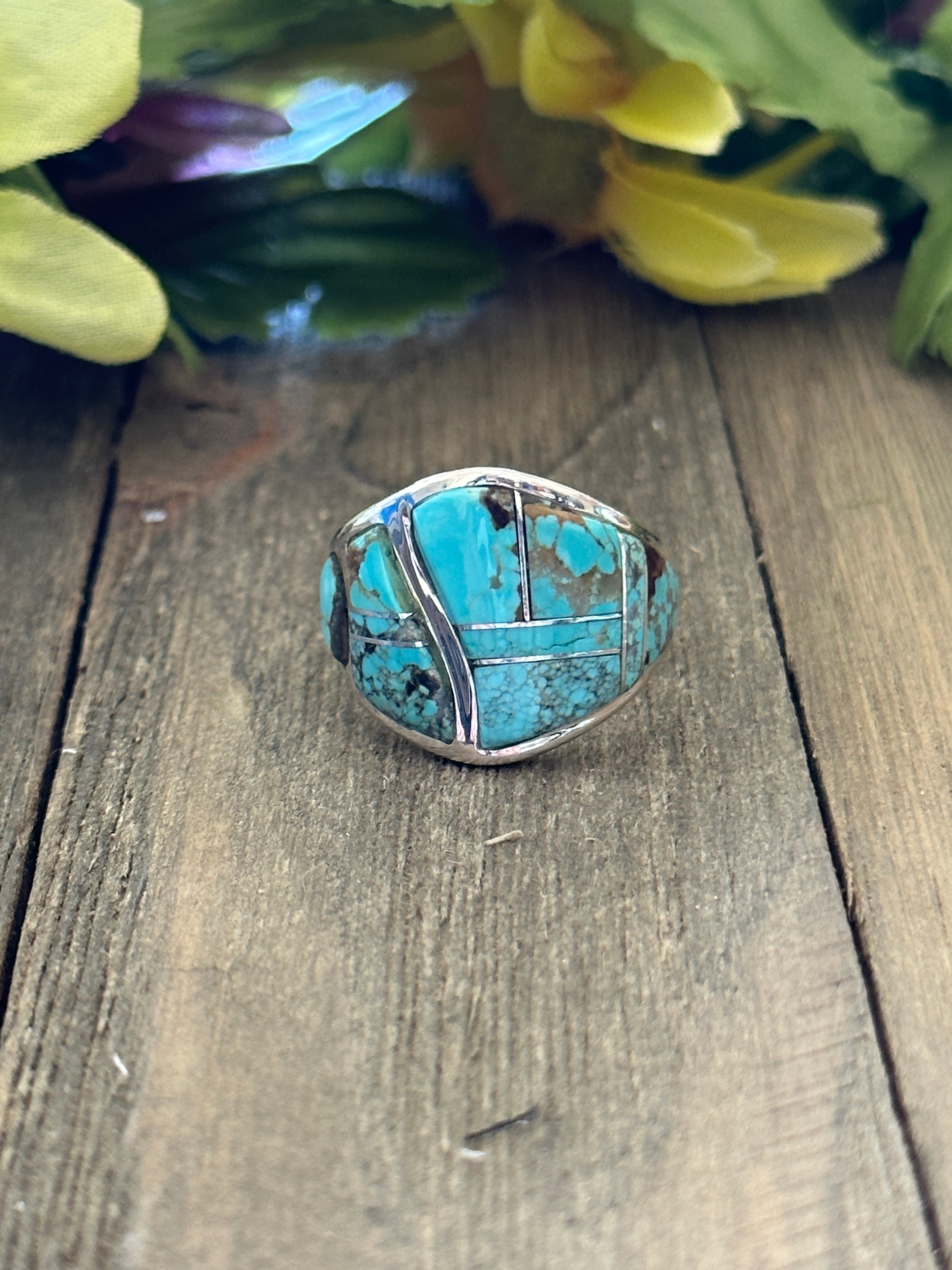 Navajo Made #8 Turquoise & Sterling Silver Inlay Ring Size 9.5