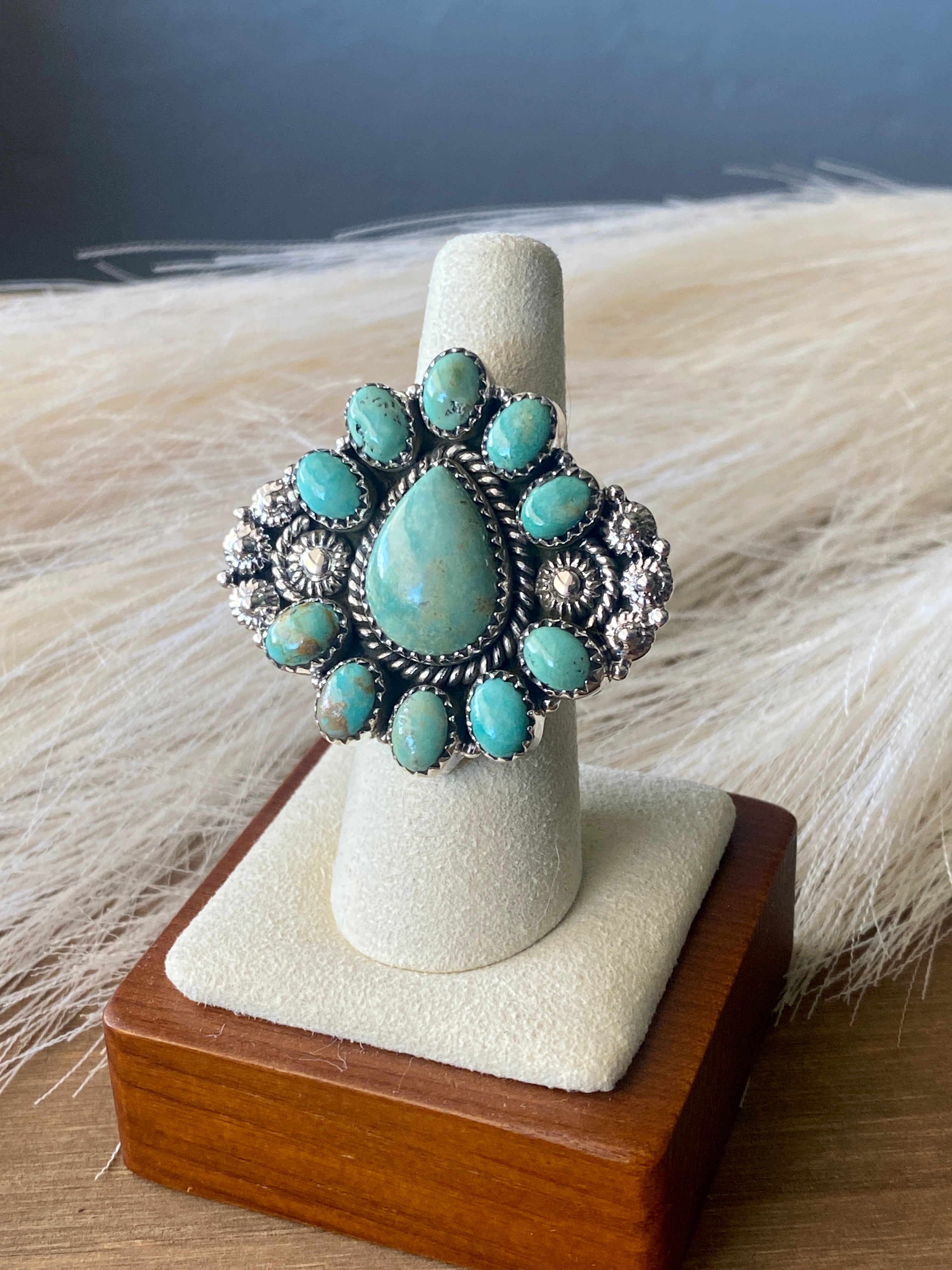 #2 Southwest Handmade Royston Turquoise & Sterling Silver Cluster Adjustable Ring