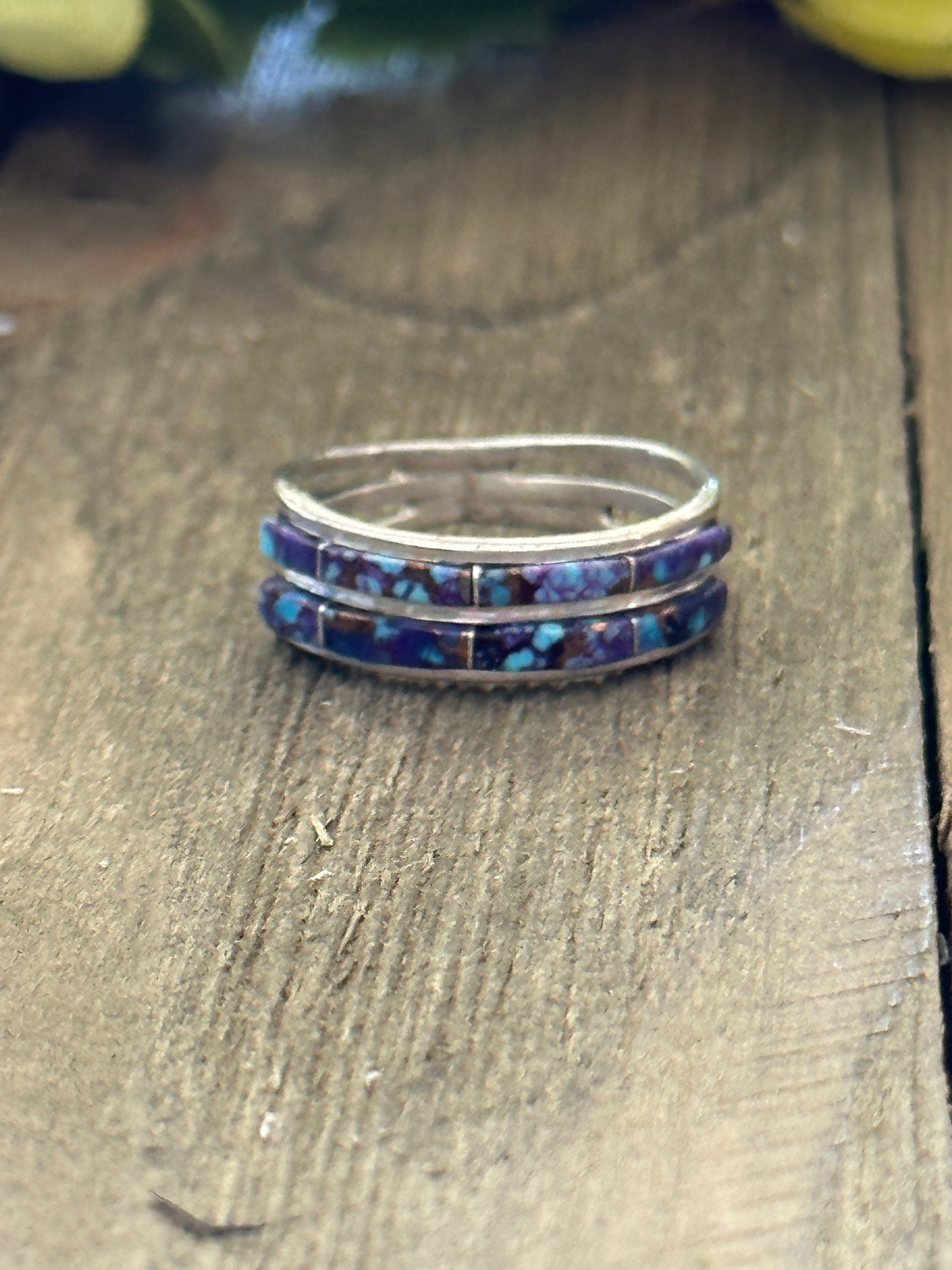 Navajo Made Purple Mohave Turquoise & Sterling Silver Inlay Ring Size 6.5