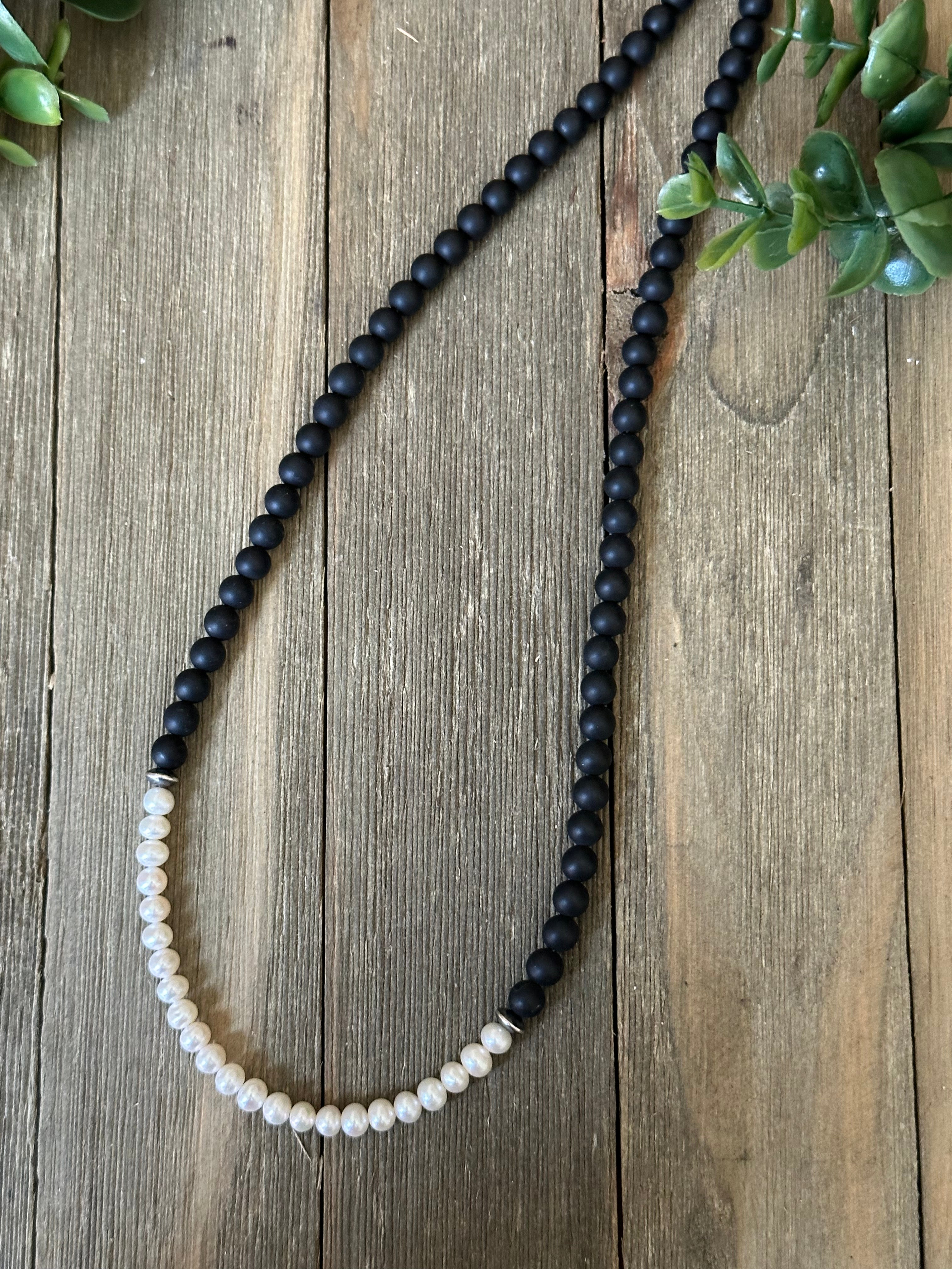 Navajo Strung Onyx & Fresh Wayer Pearls & Sterling Silver Beaded Necklace