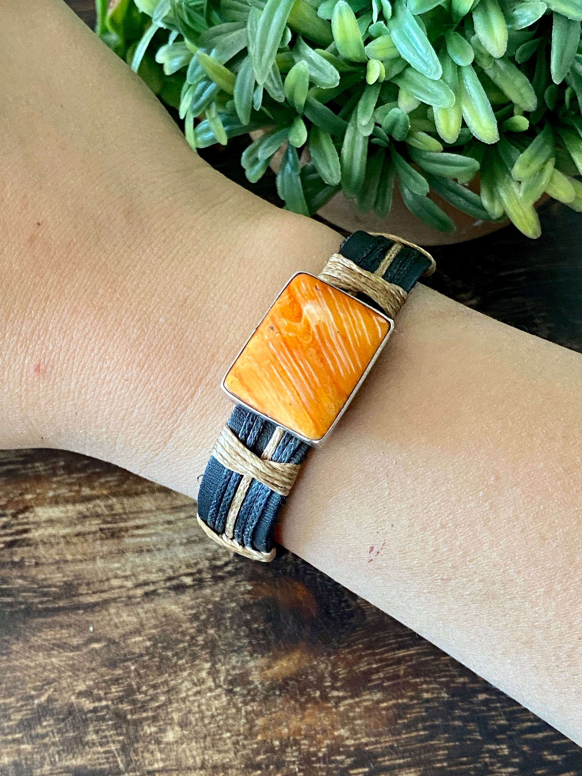 Vintage Navajo Made Spiny Oys & Sterling Silver Leather Adjustable Bracelets