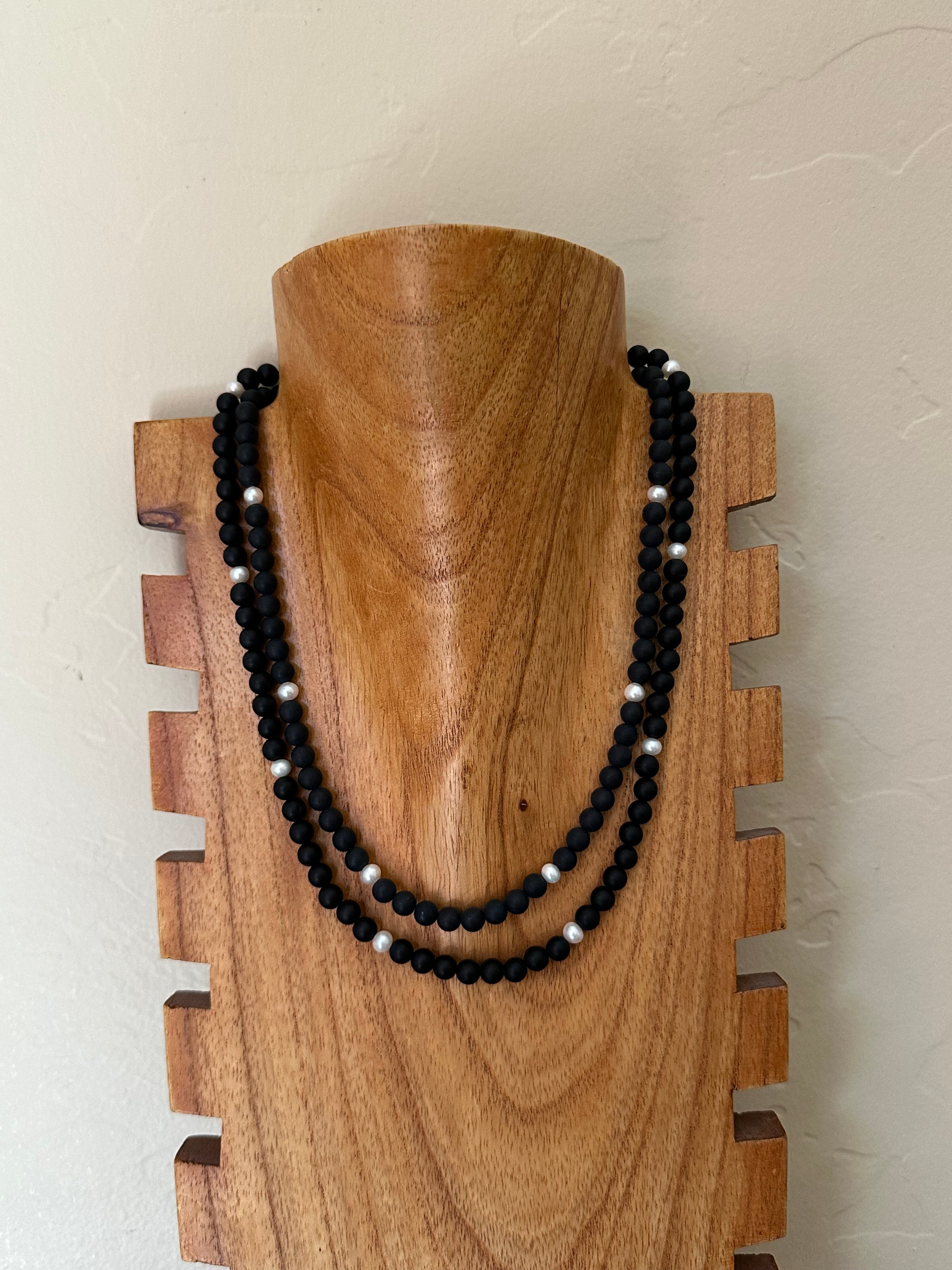 Navajo Strung Onyx & Fresh Wayer Pearls & Sterling Silver Beaded Necklace