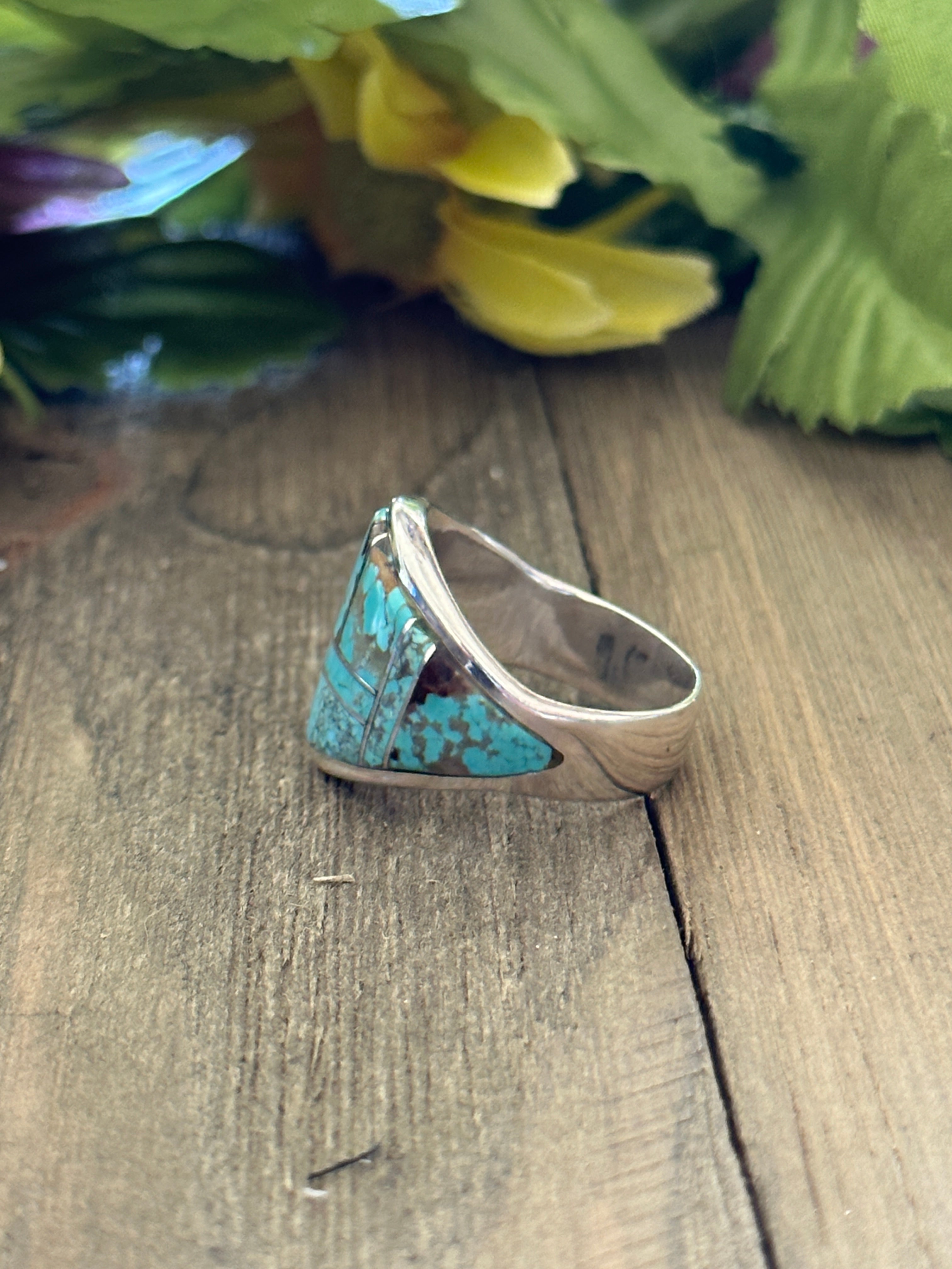 Navajo Made #8 Turquoise & Sterling Silver Inlay Ring Size 9.5