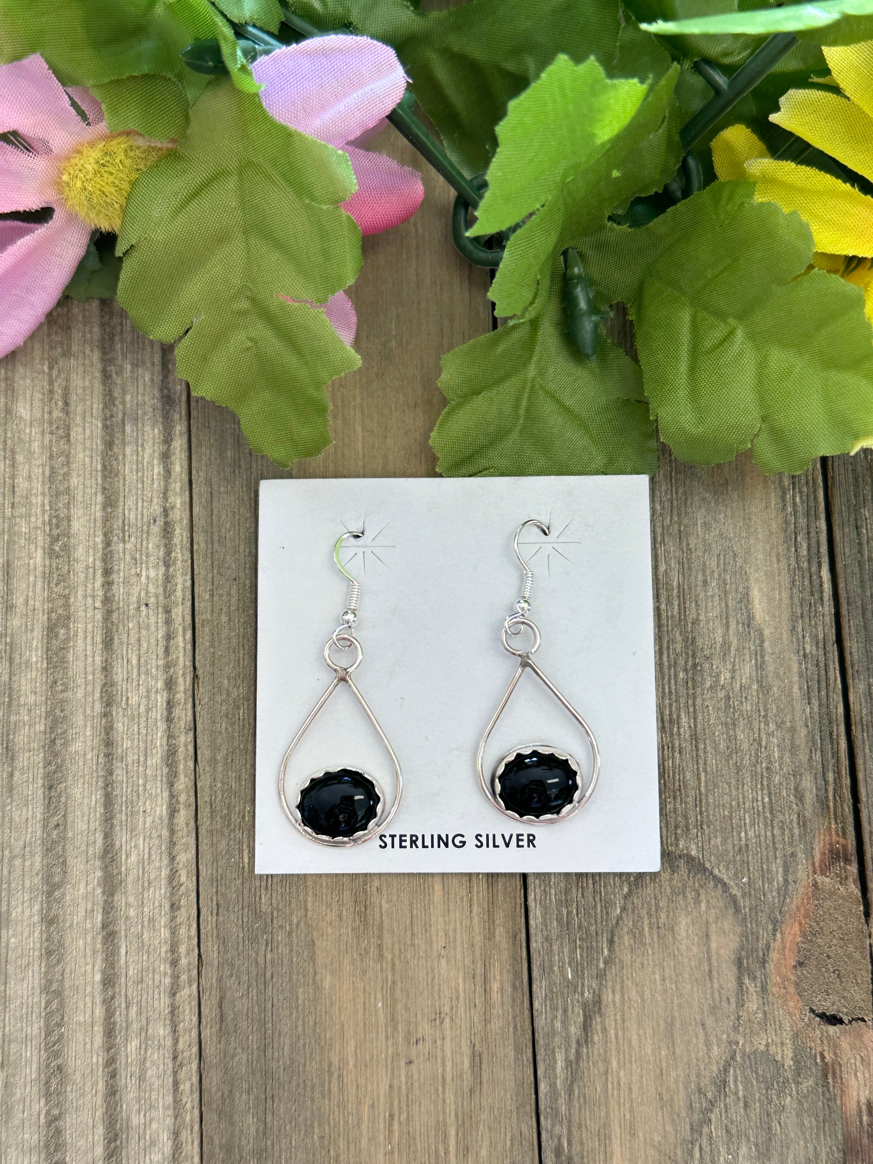 Navajo Made Onyx & Sterling Silver Dangle Earrings