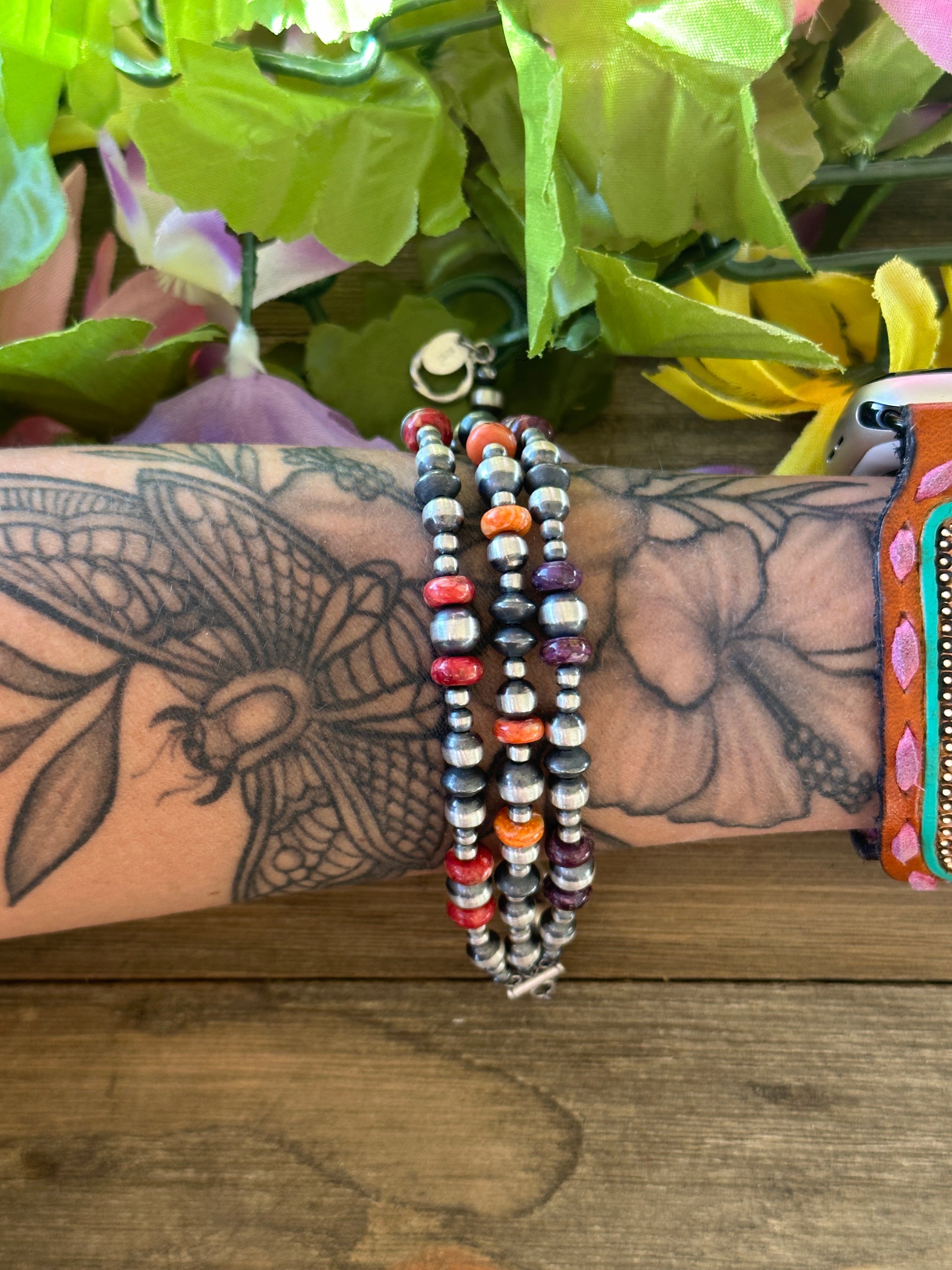 Navajo Strung Multi Stone & Graduated Silver Three Strand Bracelet
