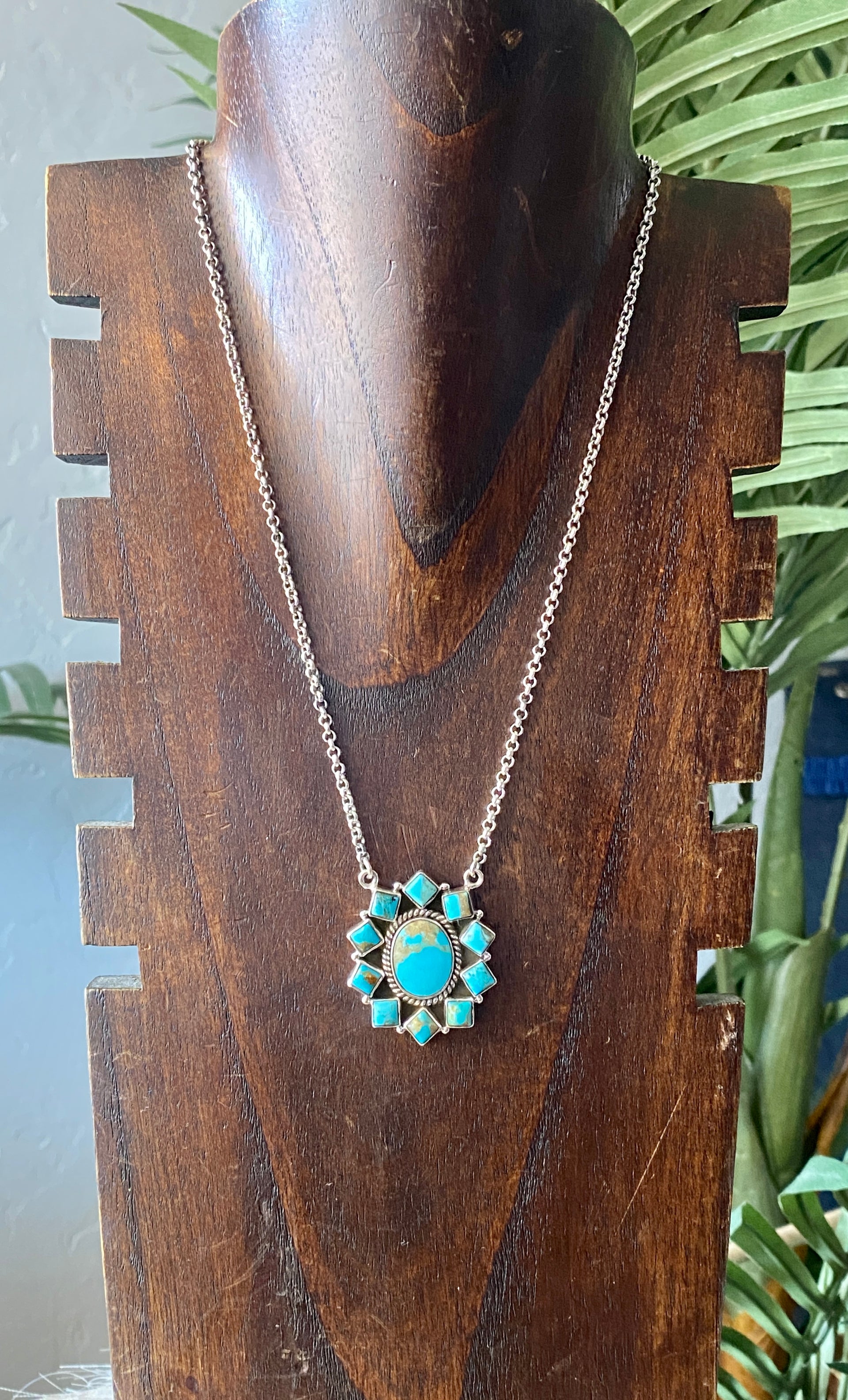 Southwest Handmade Kingman Turquoise & Sterling Silver Cluster Necklace