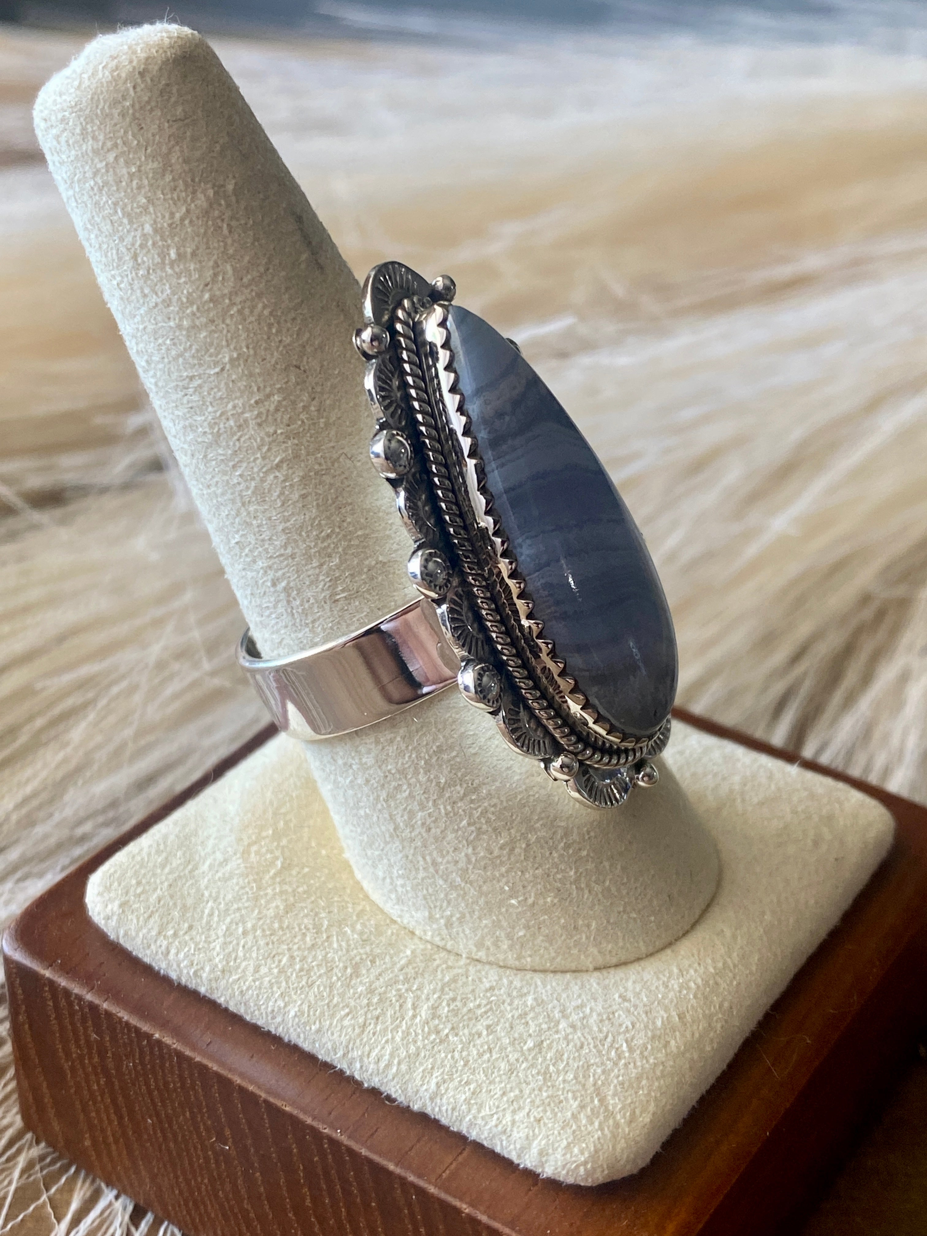 Southwest Handmade Blue Lace Agate & Sterling Silver Adjustable Ring