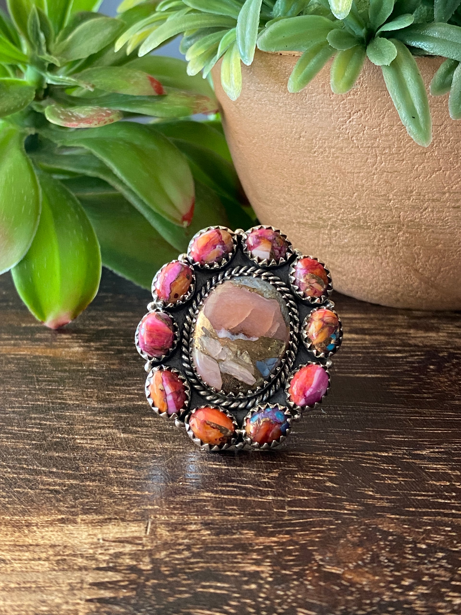 Southwest Handmade Multi Stone & Sterling Silver Adjustable Cluster Ring
