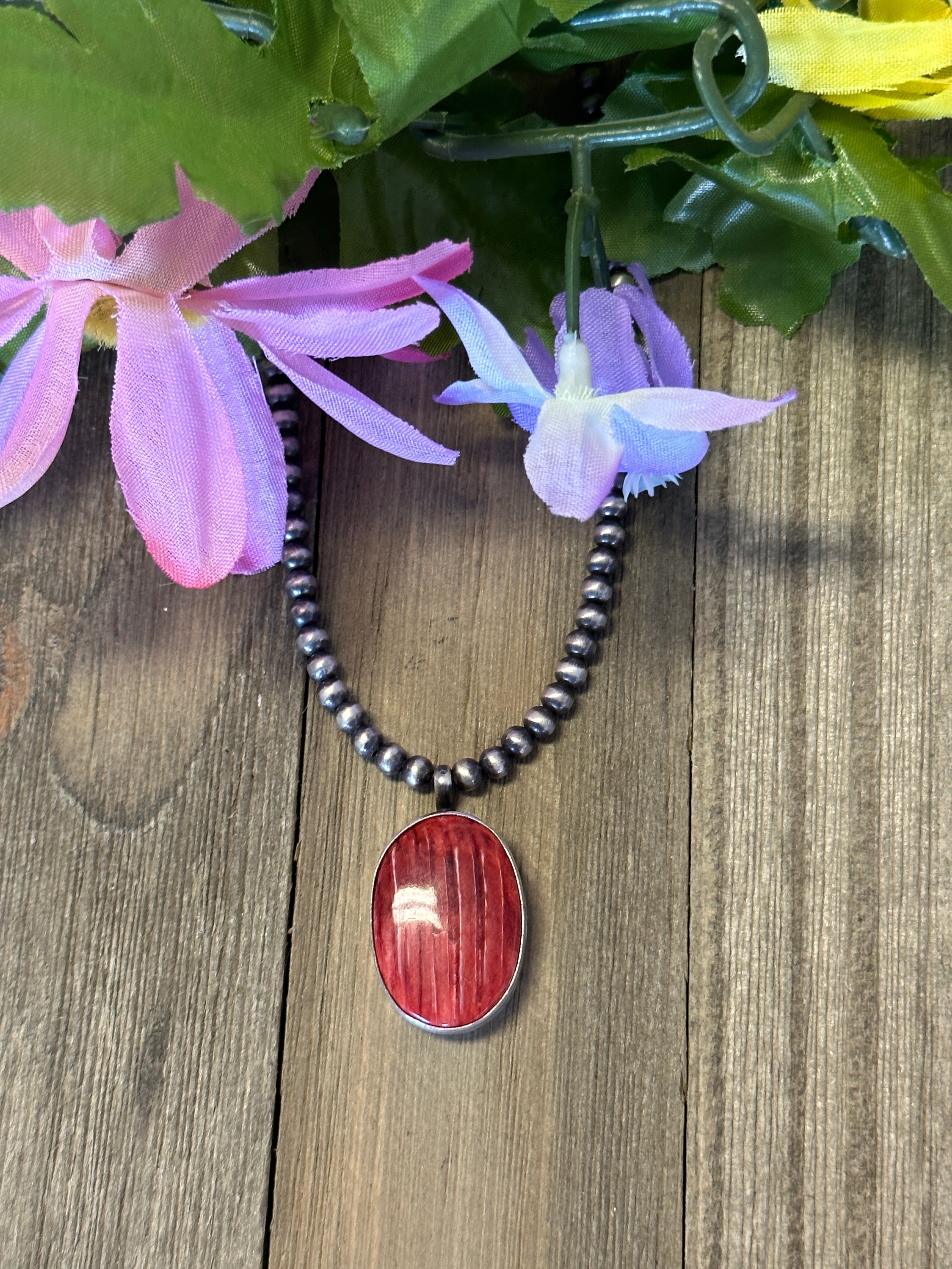 Tony Skeets Red Spiny Oyster & Sterling Silver Necklace