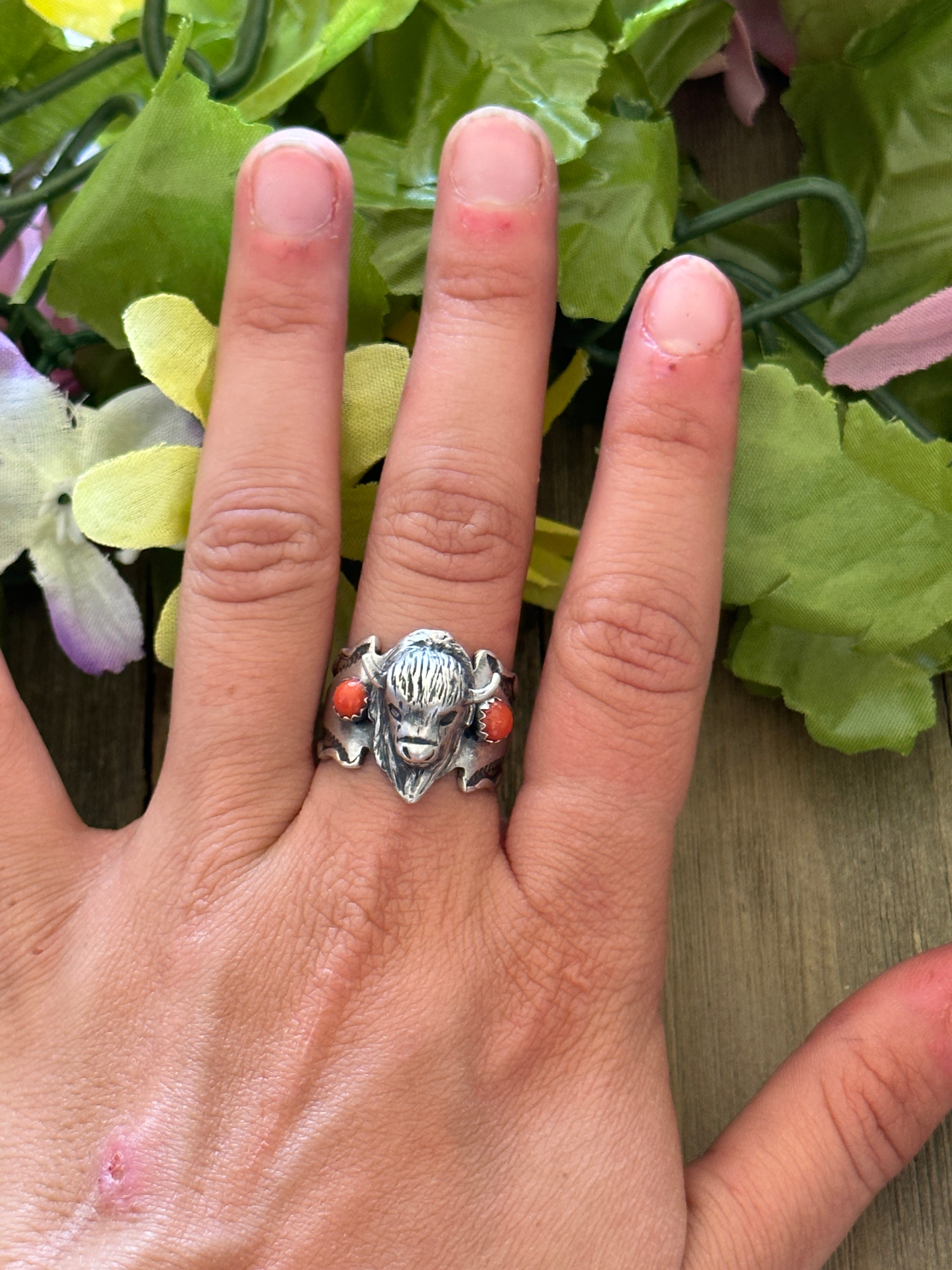 Navajo Made Coral & Sterling Silver Buffalo Ring