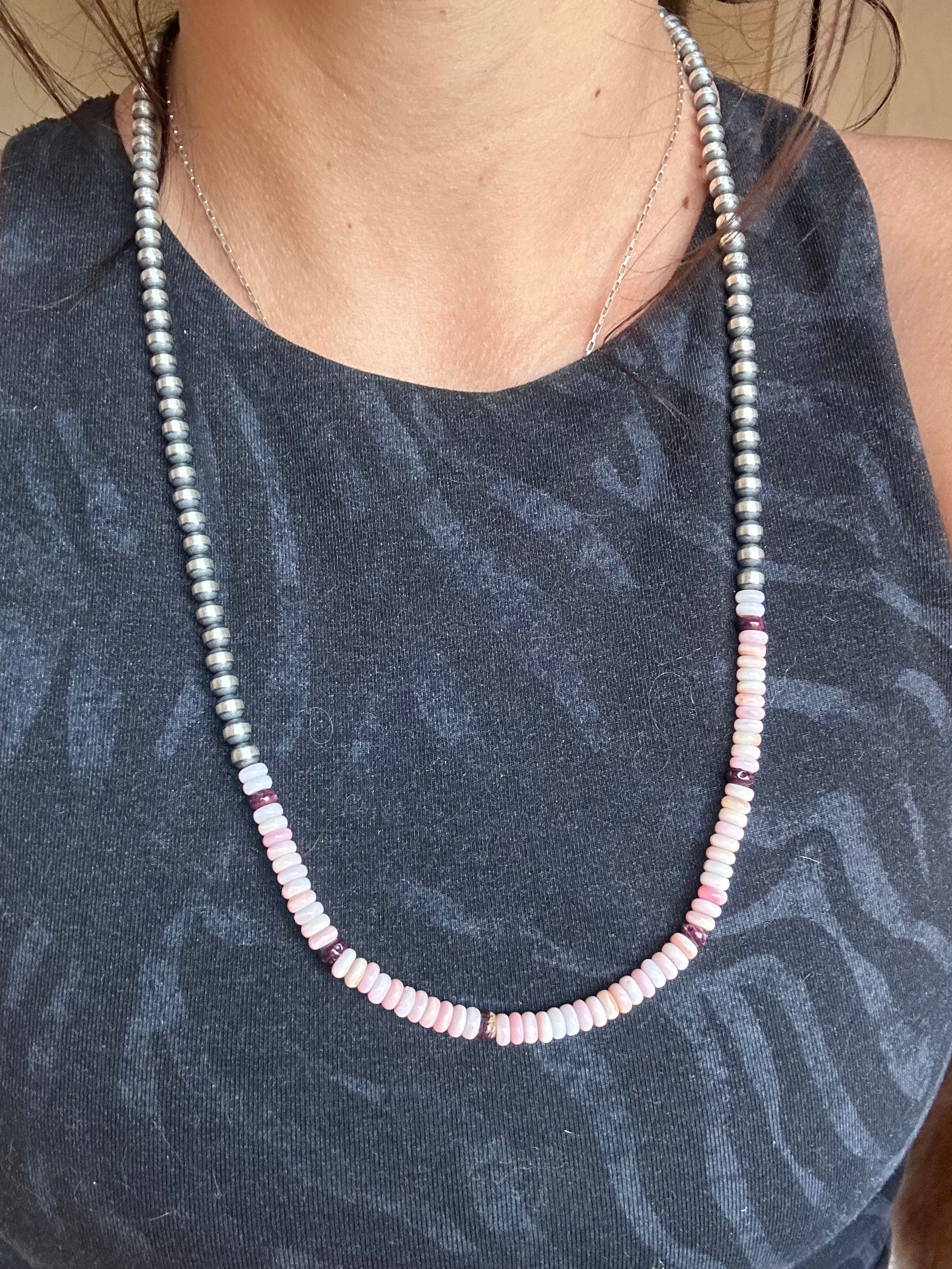 Navajo Strung Multi Stone & Sterling Silver Pearls Beaded Necklace