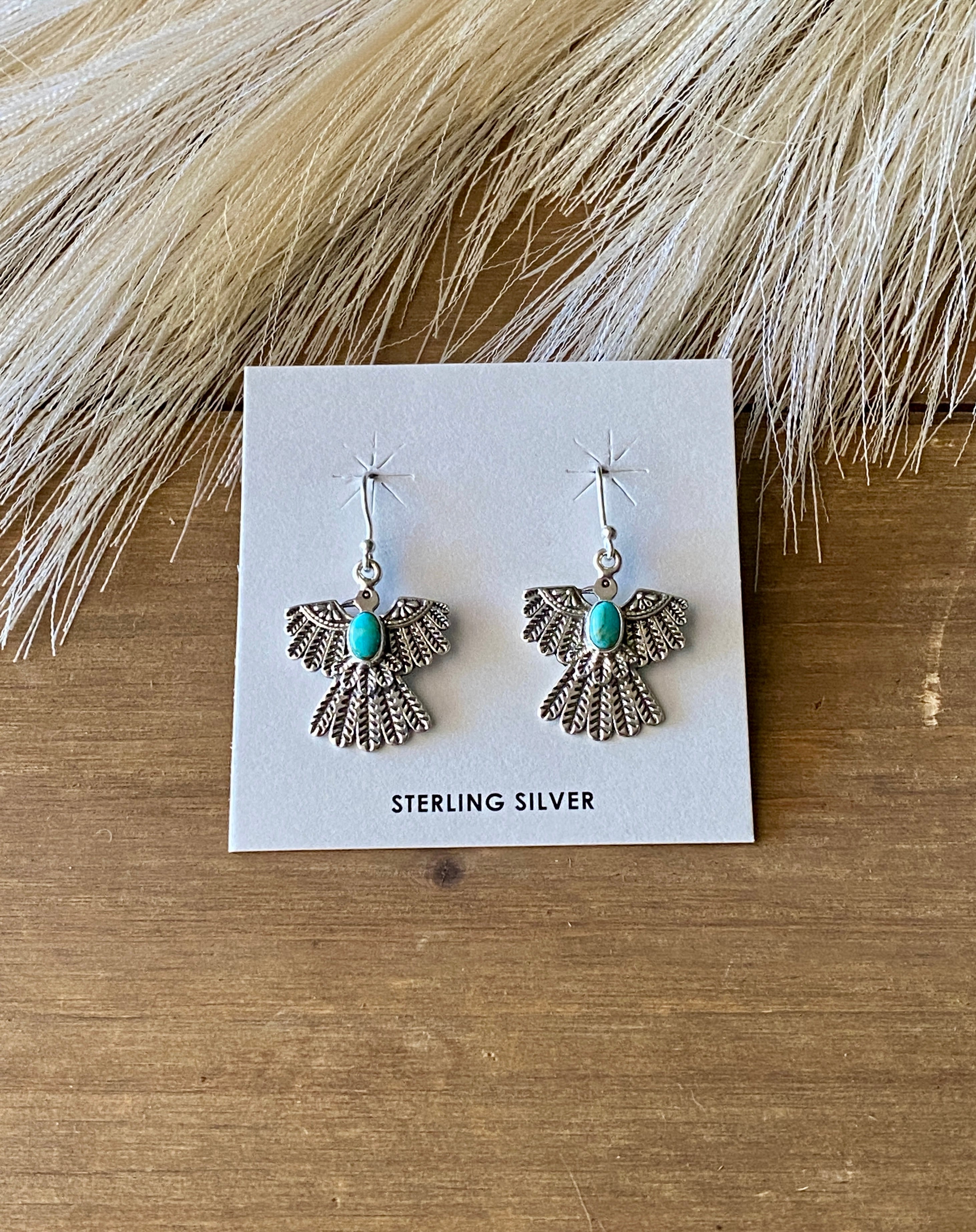 Southwest Handmade Kingman Turquoise & Sterling Silver Thunderbird Dangles Earrings