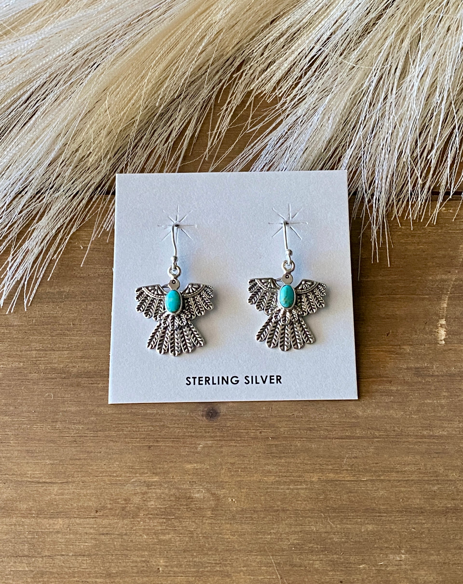 Southwest Handmade Kingman Turquoise & Sterling Silver Thunderbird Dangles Earrings