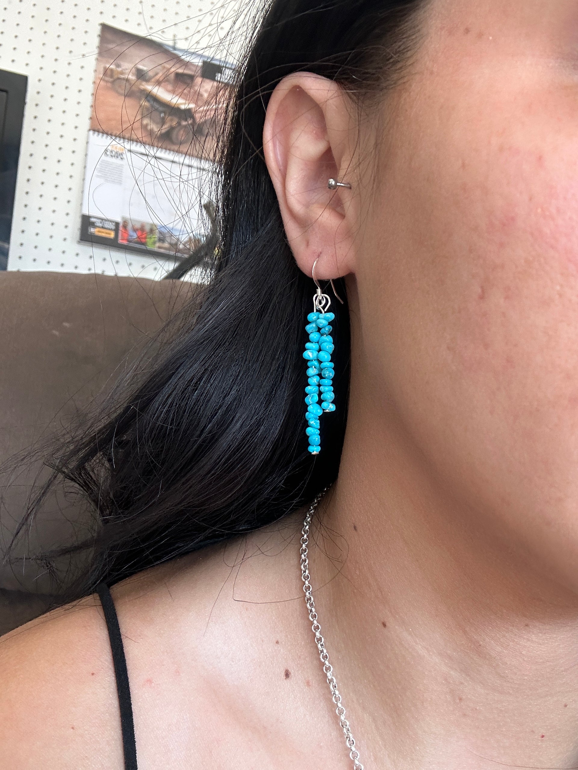 Navajo Strung Kingman Turquoise & Sterling Silver Beaded Dangle Earrings