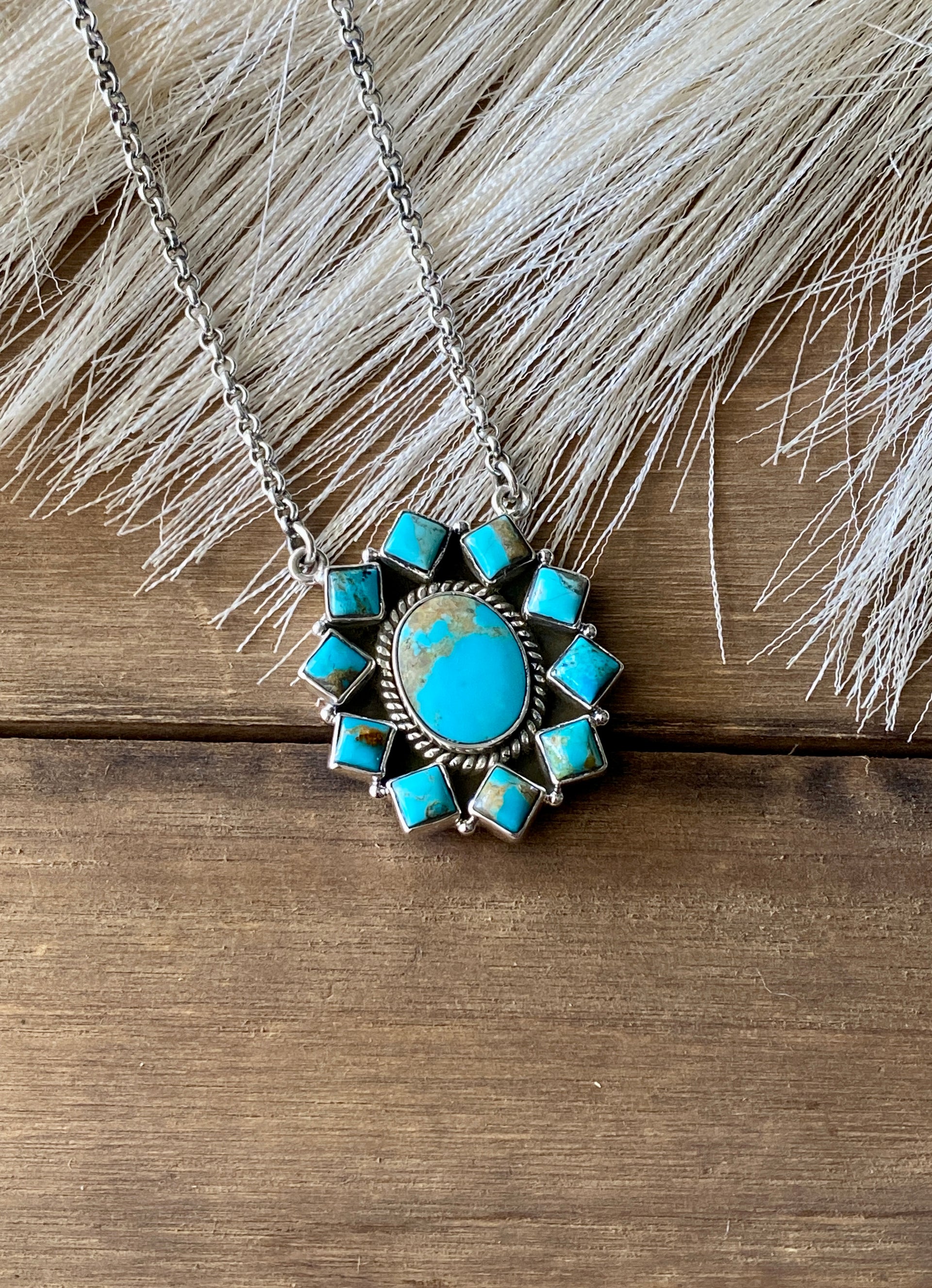 Southwest Handmade Kingman Turquoise & Sterling Silver Cluster Necklace