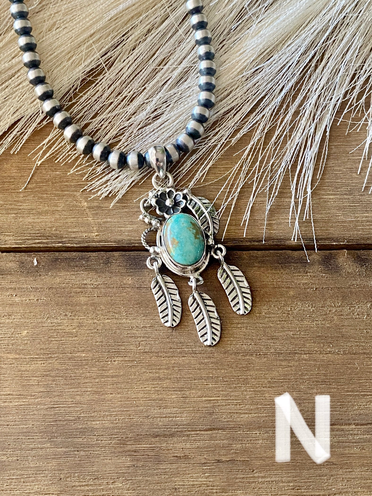 Southwest Handmade Kingman Turquoise & Sterling Silver Feather Pendant