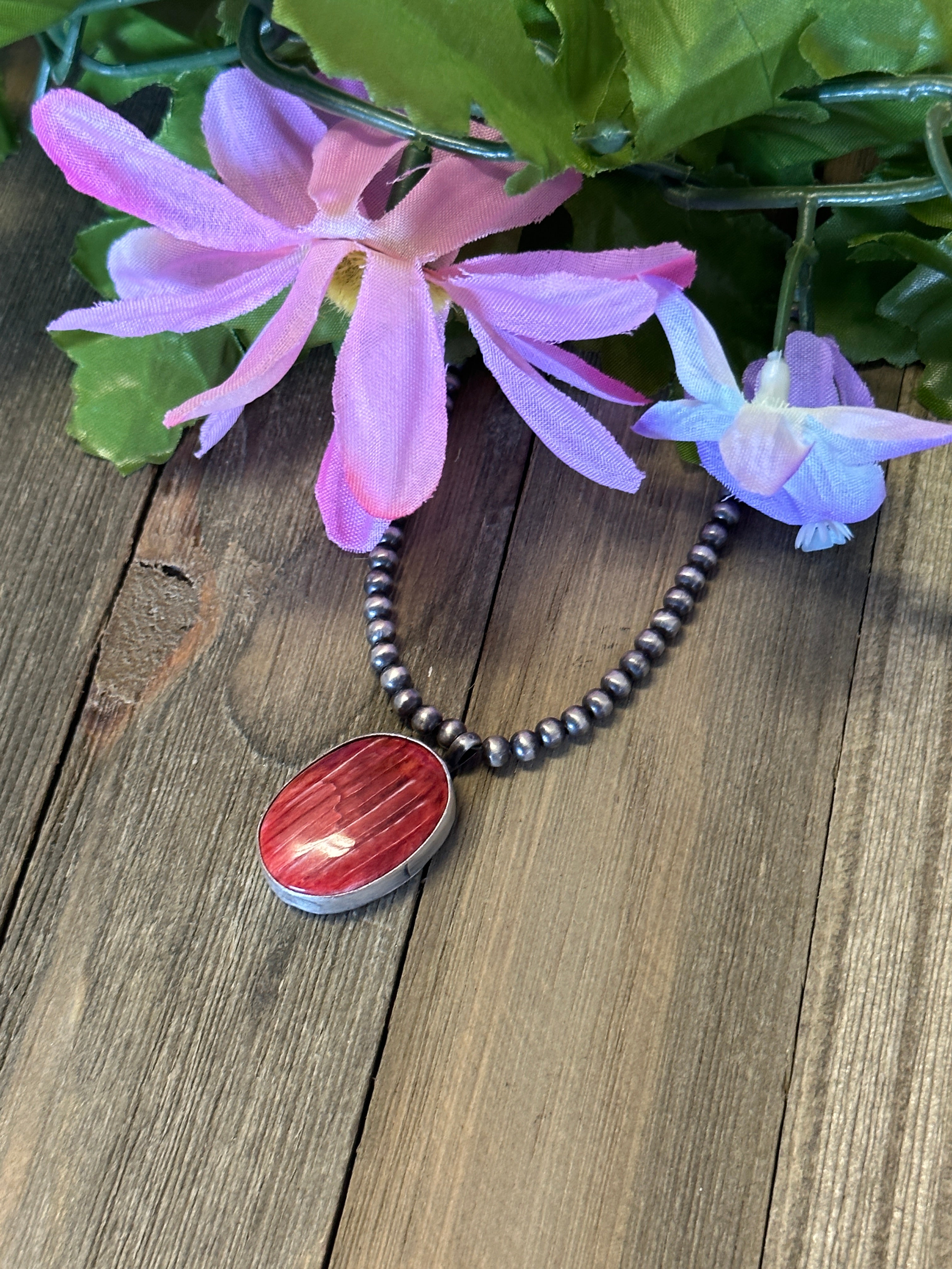 Tony Skeets Red Spiny Oyster & Sterling Silver Necklace