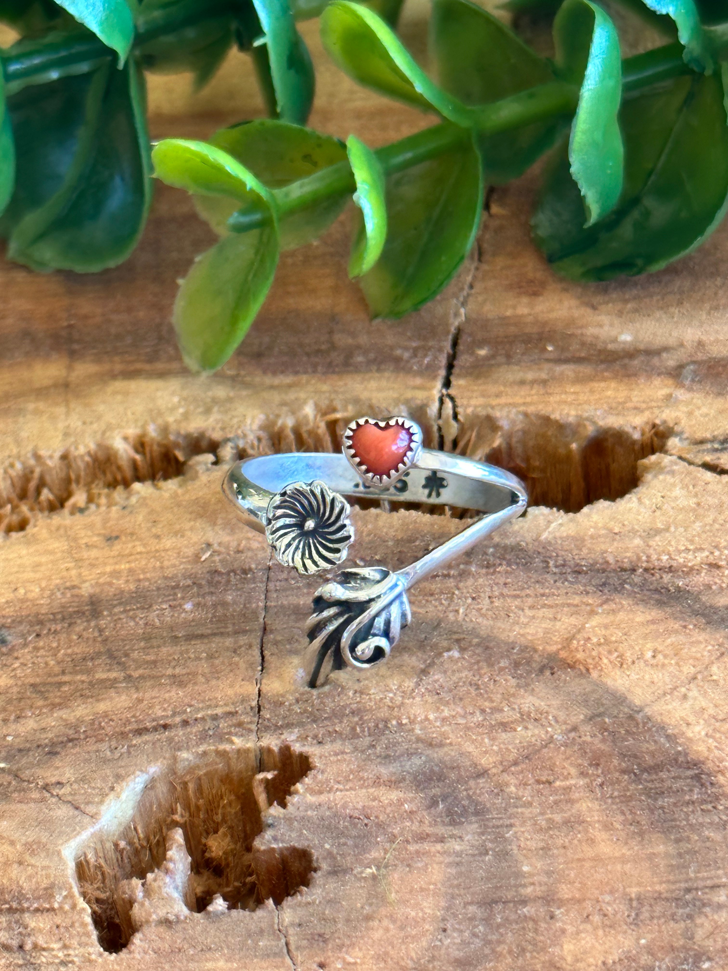 Navajo Made Mediterranean Coral & Sterling Silver Adjustable Ring