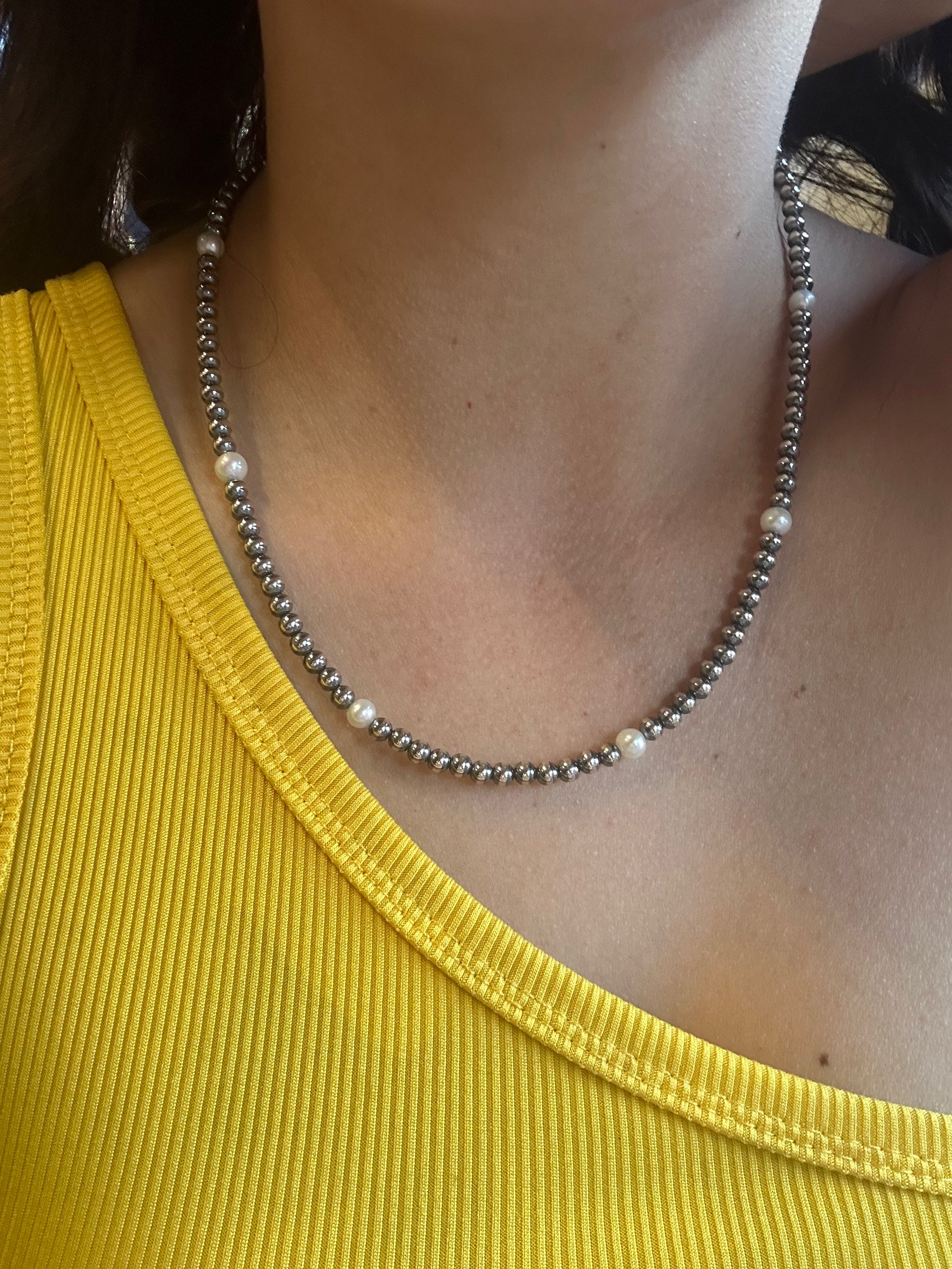 Navajo Strung Fresh Water Pearls & Sterling Silver Beaded Pearl Necklace