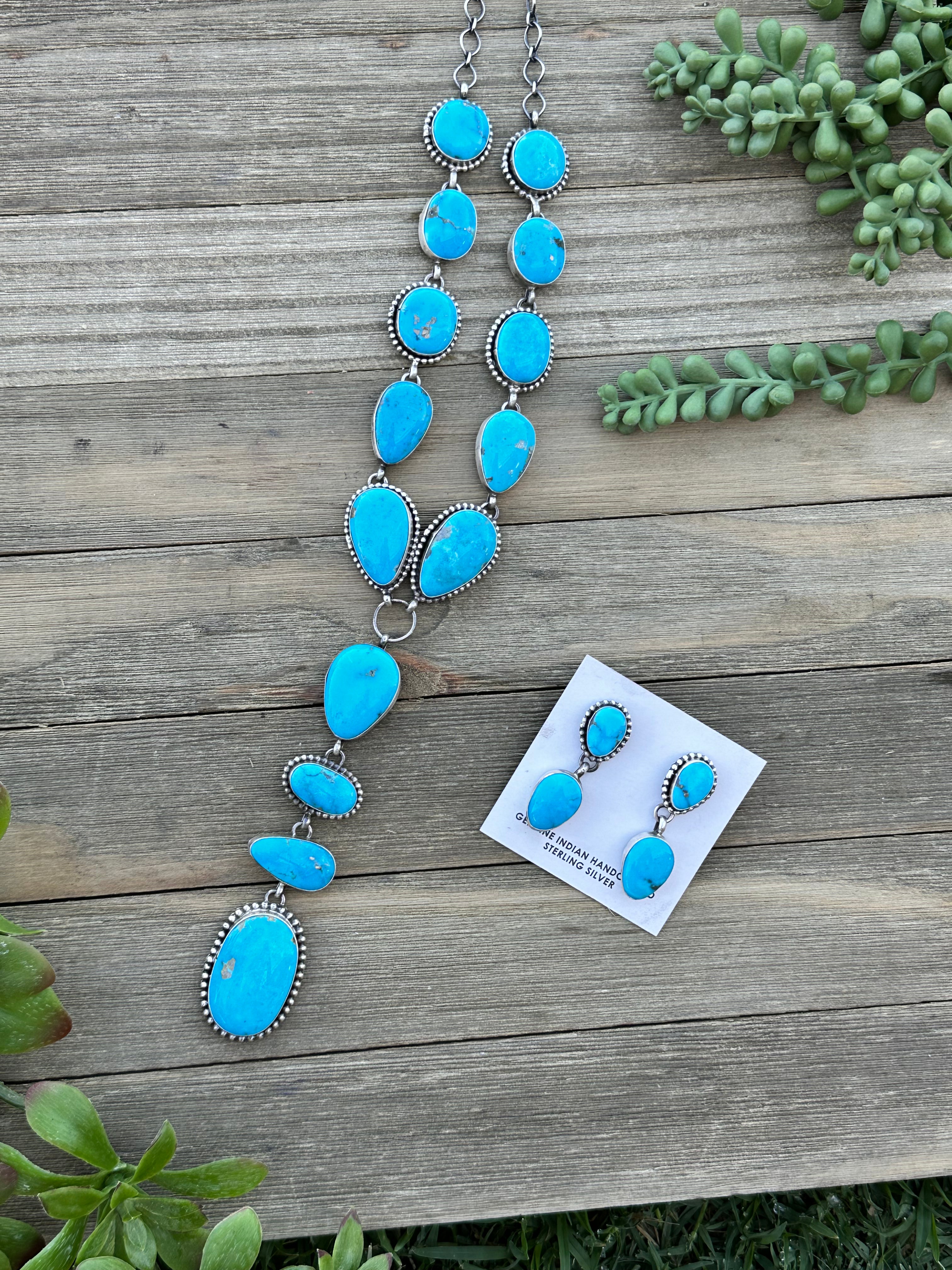 Navajo Made Kingman Turquoise and Sterling Silver Lariat Necklace Set