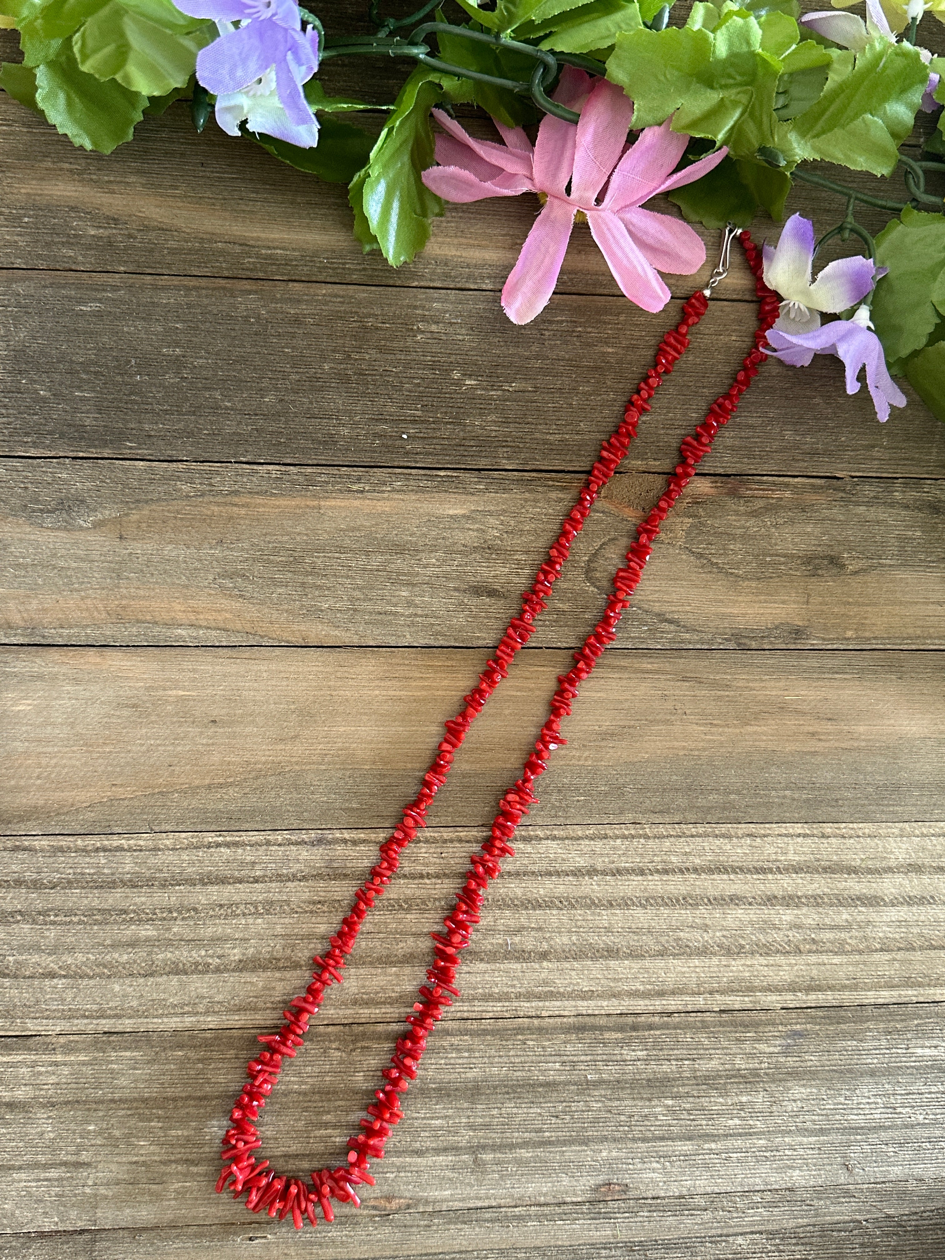 Navajo Strung Red Coral & Sterling Silver Beaded Necklace