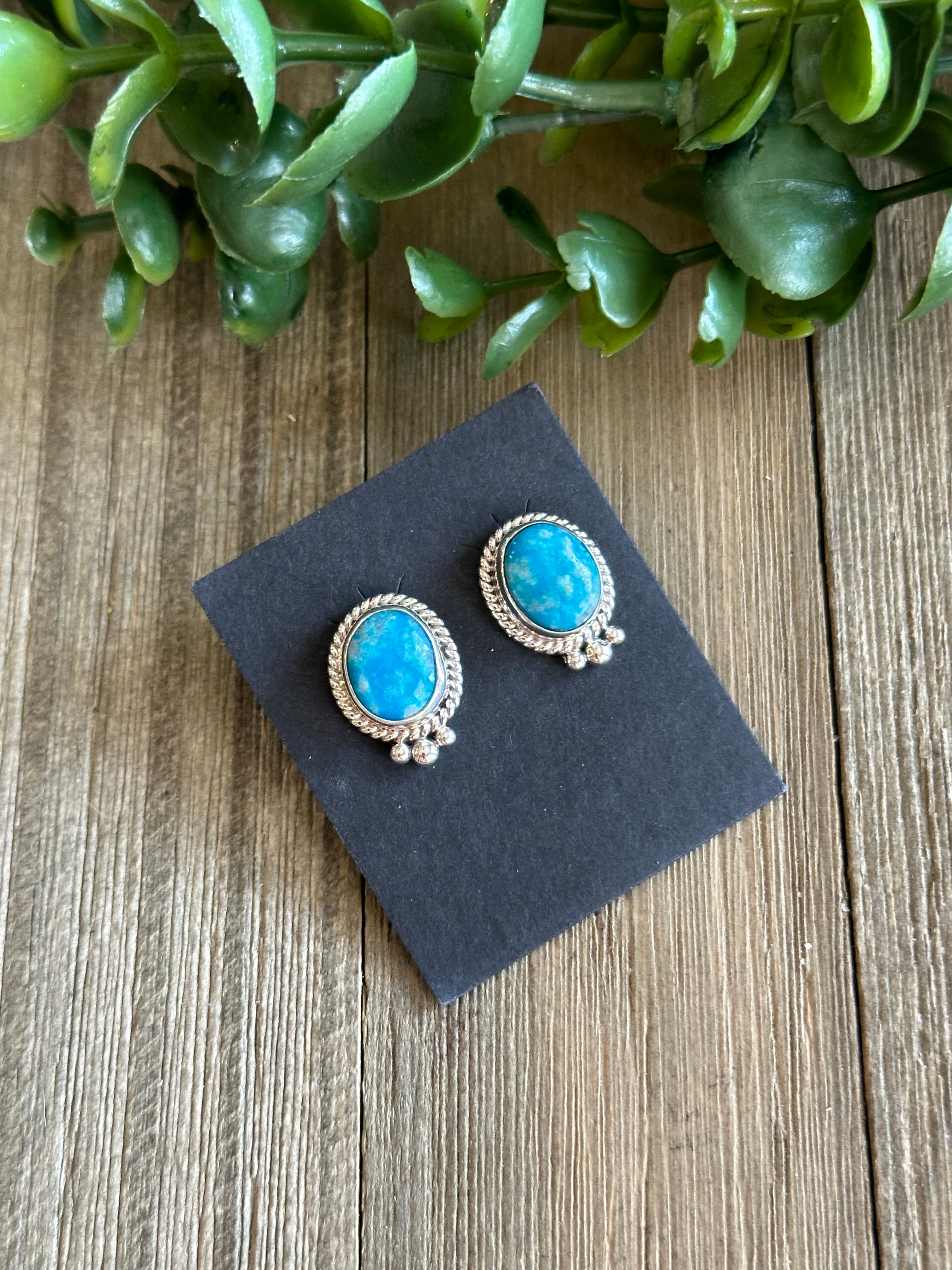 Navajo Made Kingman Turquoise & Sterling Silver Post Earrings